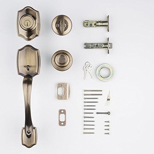 Kwikset Kwikset Belleview Front Door Lock Handle and Deadbolt Set, Entry Handleset Exterior with Interior Door Knob, Antique Brass, Pick Resistant SmartKey Rekey Deadbolt Security