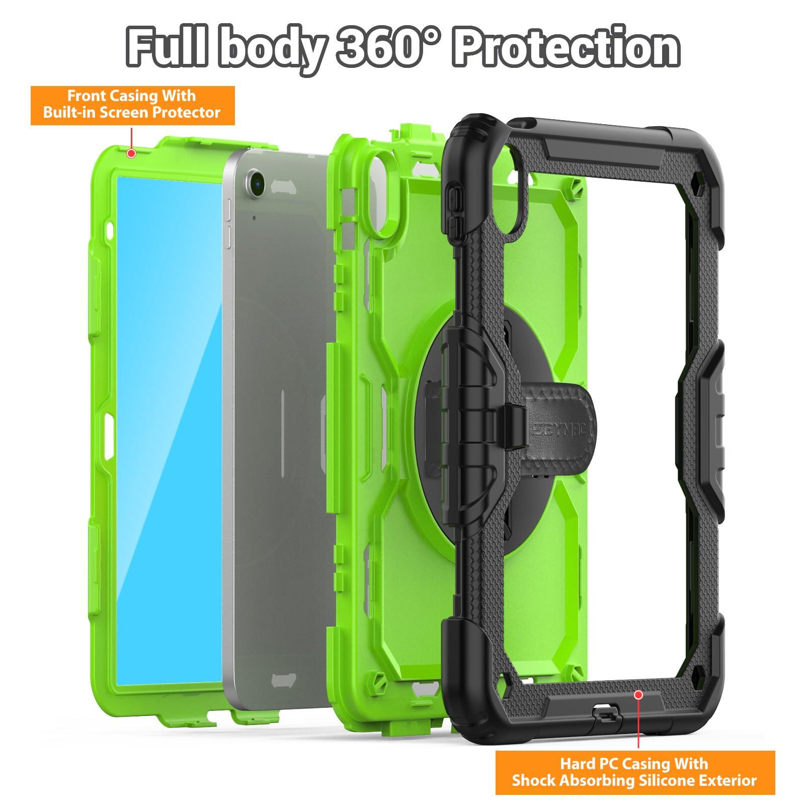 SEYMAC SEYMAC Case for iPad (A16) 11th/10th Generation 2025/2022 (11/10.9), Sturdy Heavy Duty Full-Body Shockproof Protective Case with Screen Protector, Rotating Stand, Hand/Shoulder Strap, Black/Green