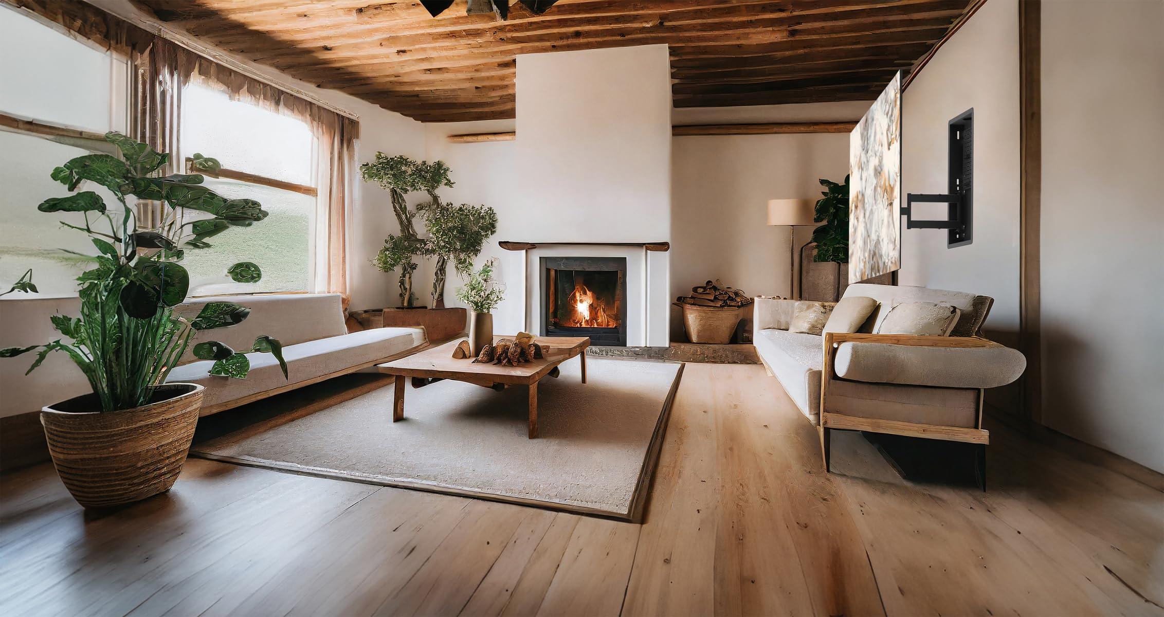 Kanto Kanto R600 Recessed in-Wall Articulating TV Mount for 65\" - 90\" TVs | Fits Large TV Breakout Boxes & Other Gear | Accessory Plate with Space for Full Size AV Gear | Install Between 16\" Studs