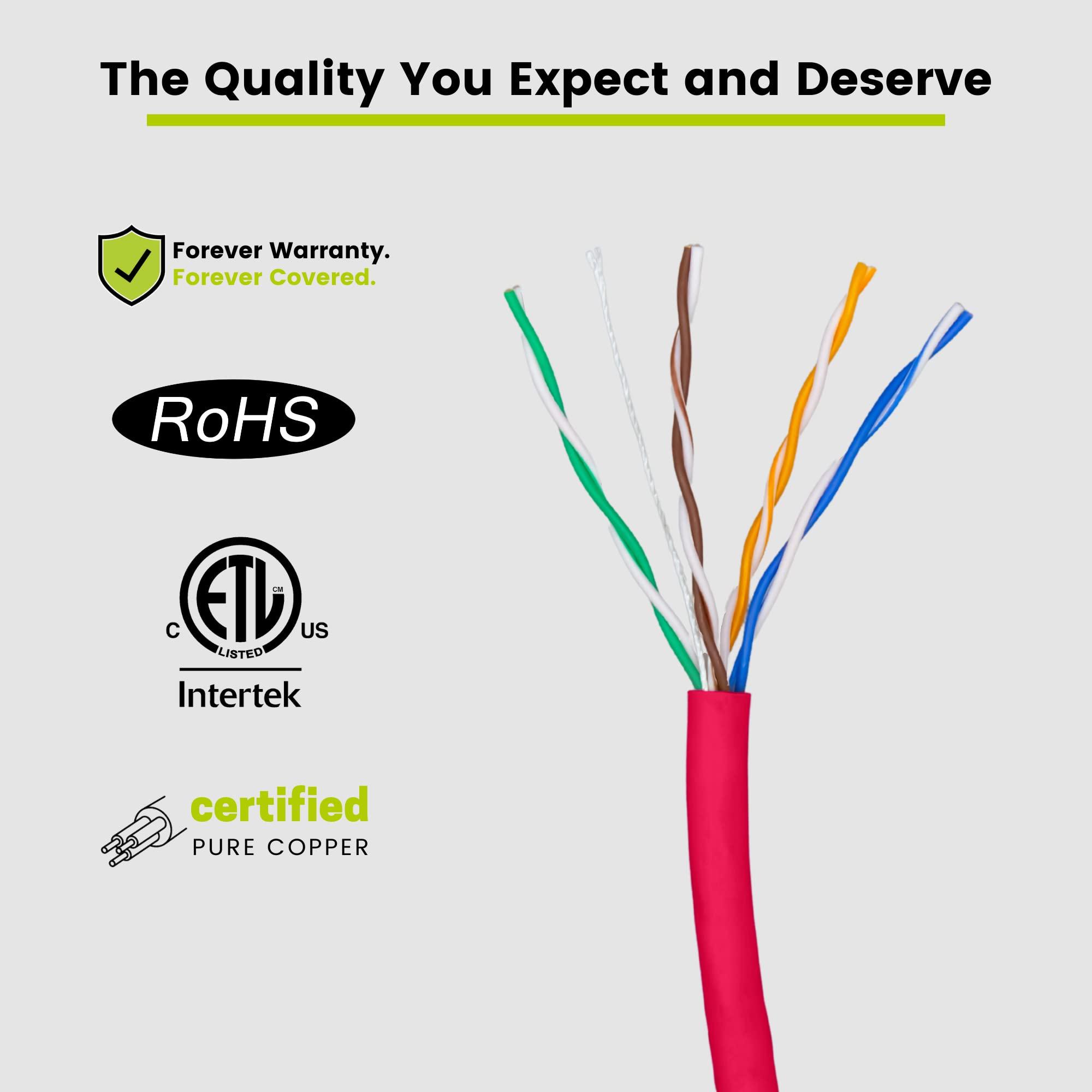 TRUE CABLE trueCABLE Cat5e Riser (CMR), 1000ft, Red, 24AWG 4 Pair Solid Bare Copper, 350MHz, PoE++ (4PPoE), ETL Listed, Unshielded Twisted Pair (UTP), Bulk Ethernet Cable