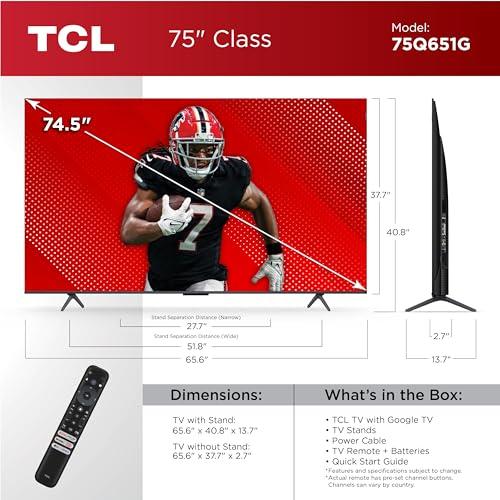 TCL TCL 75-Inch Q65 QLED 4K UHD Smart TV with Google TV (75Q651G, 2024 Model) Dolby Vision, Dolby Atmos, HDR Pro+, Game Accelerator Enhanced Gaming, Voice Remote, Works with Alexa, Streaming Television