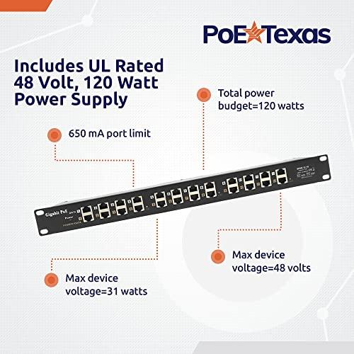 PoE Texas PoE Texas - PoE Injector - 12 Port Gigabit Passive Midspan Injector with 48V 120 Watt UL Power Supply - Power Over Ethernet for 802.3af or at (PoE+) Devices VoIP Phone, WiFi Access Point, IP Camera