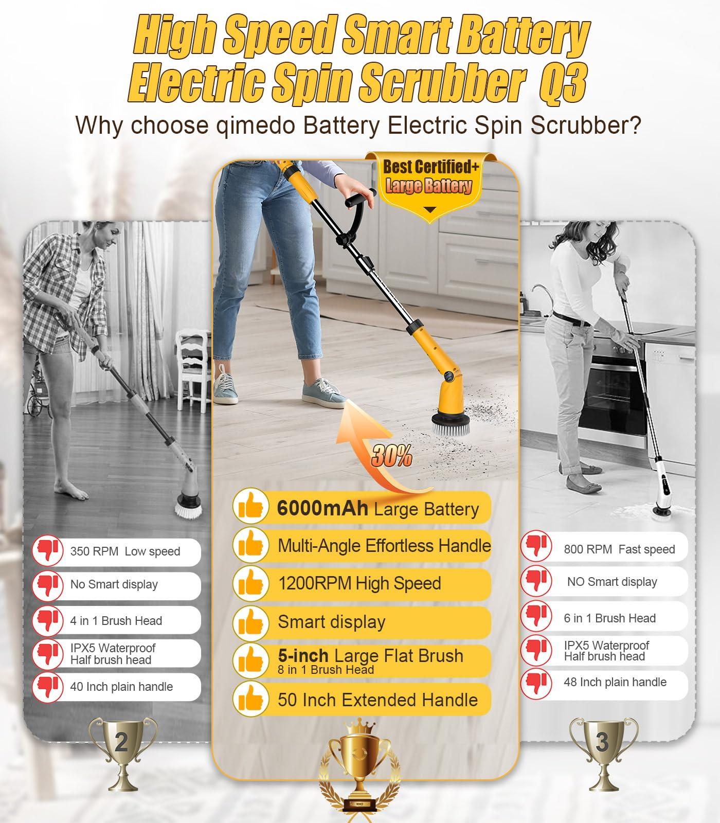 qimedo Qimedo Electric Spin Scrubber Extra Large Brush Q3,6000 mAh Best Battery Power Scrubber for Cleaning,1200RPM Shower Cordless Cleaning Brush with 8 Brushes for Bath/Tub/Tile/Floor (Smart Display)