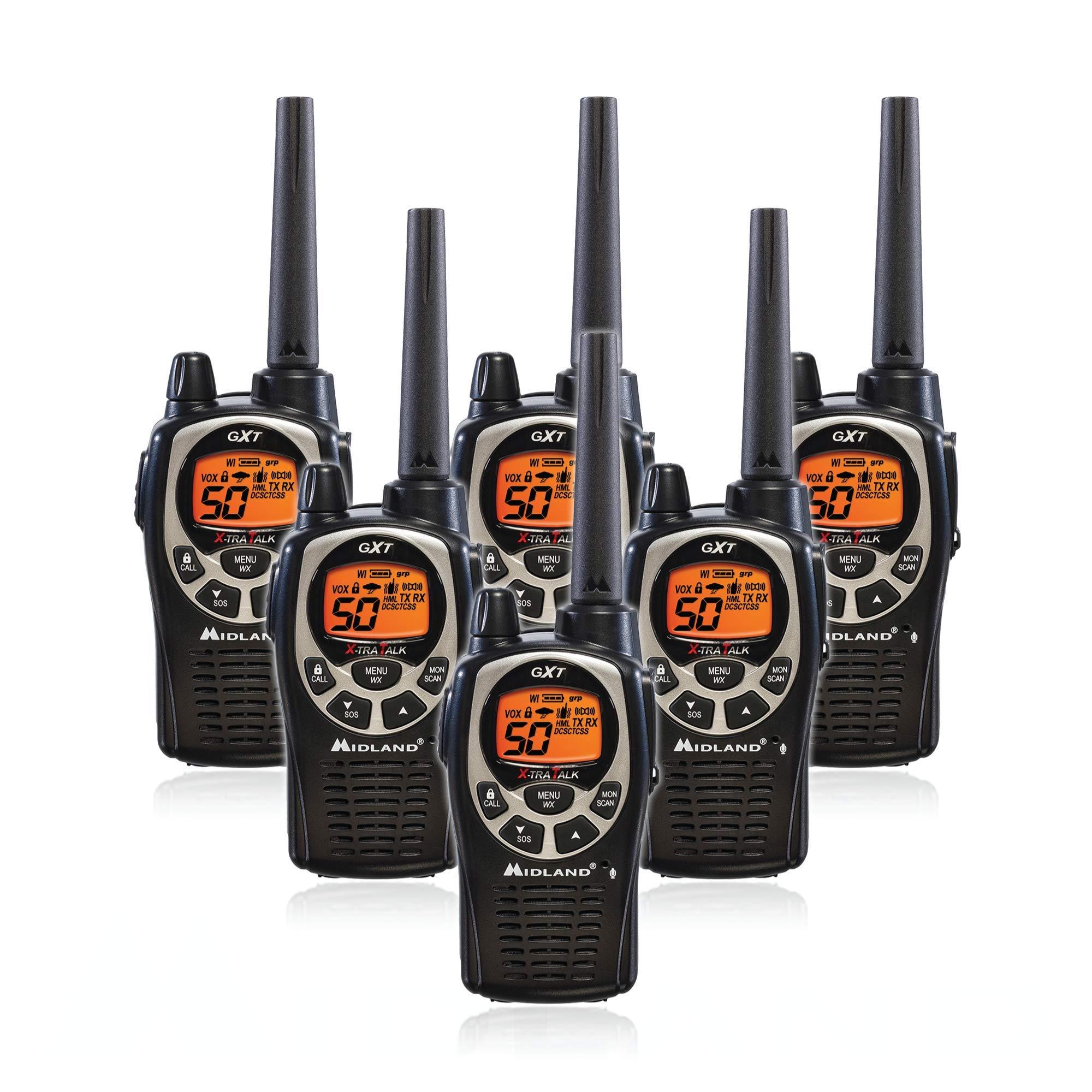 Midland Midland GXT1000VP4 50 Channel GMRS Two-Way Radio - Up to 36 Mile Range Walkie Talkie - Black/Silver (Pack of 6)