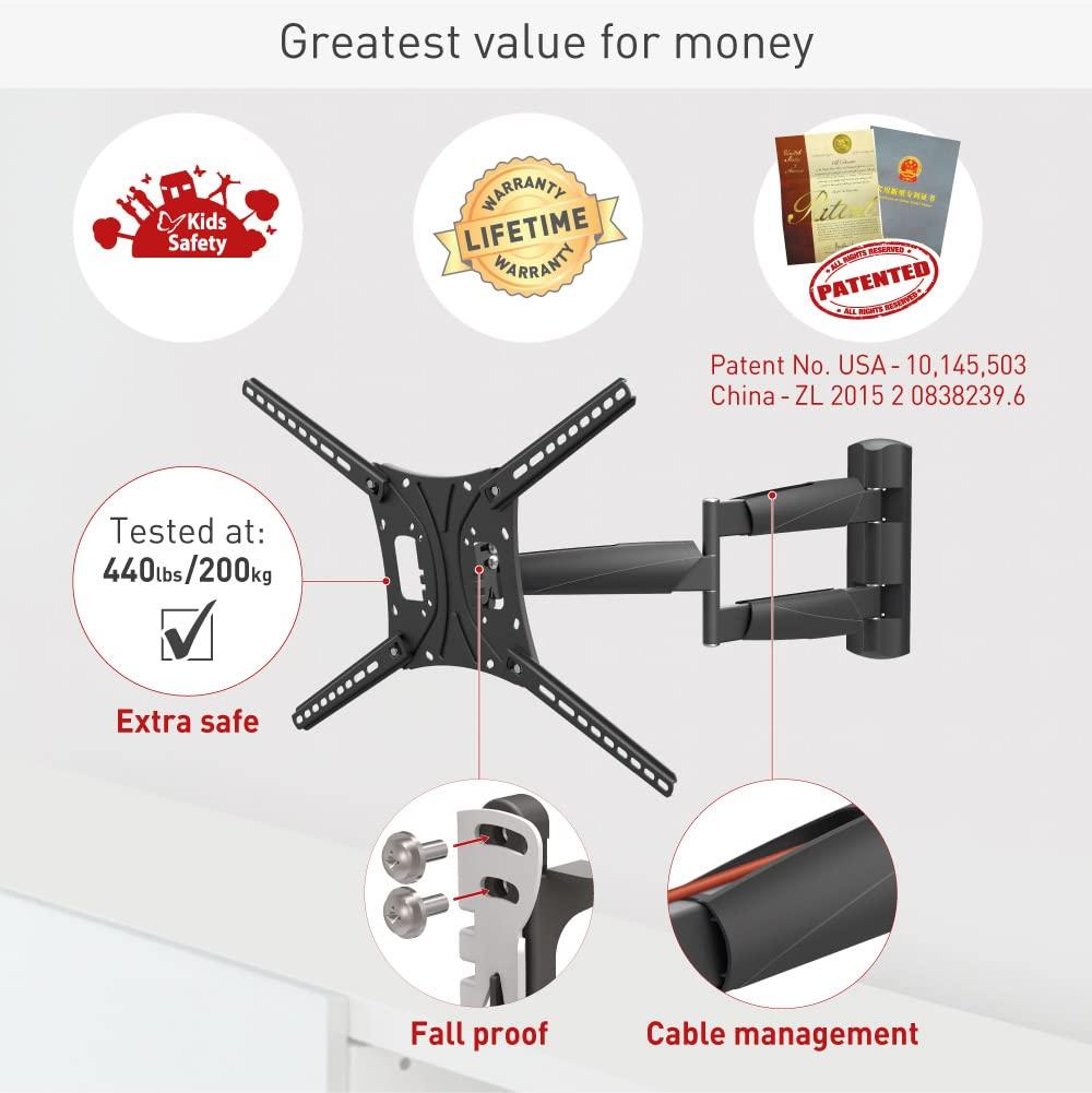 Barkan Barkan 26" / 66cm Long TV Wall Mount, 13-83 inch Full Motion Articulating - 4 Movement Premium Flat/Curved Screen Bracket, Holds up to 95lbs, Extremely Extendable, Fits LED OLED LCD