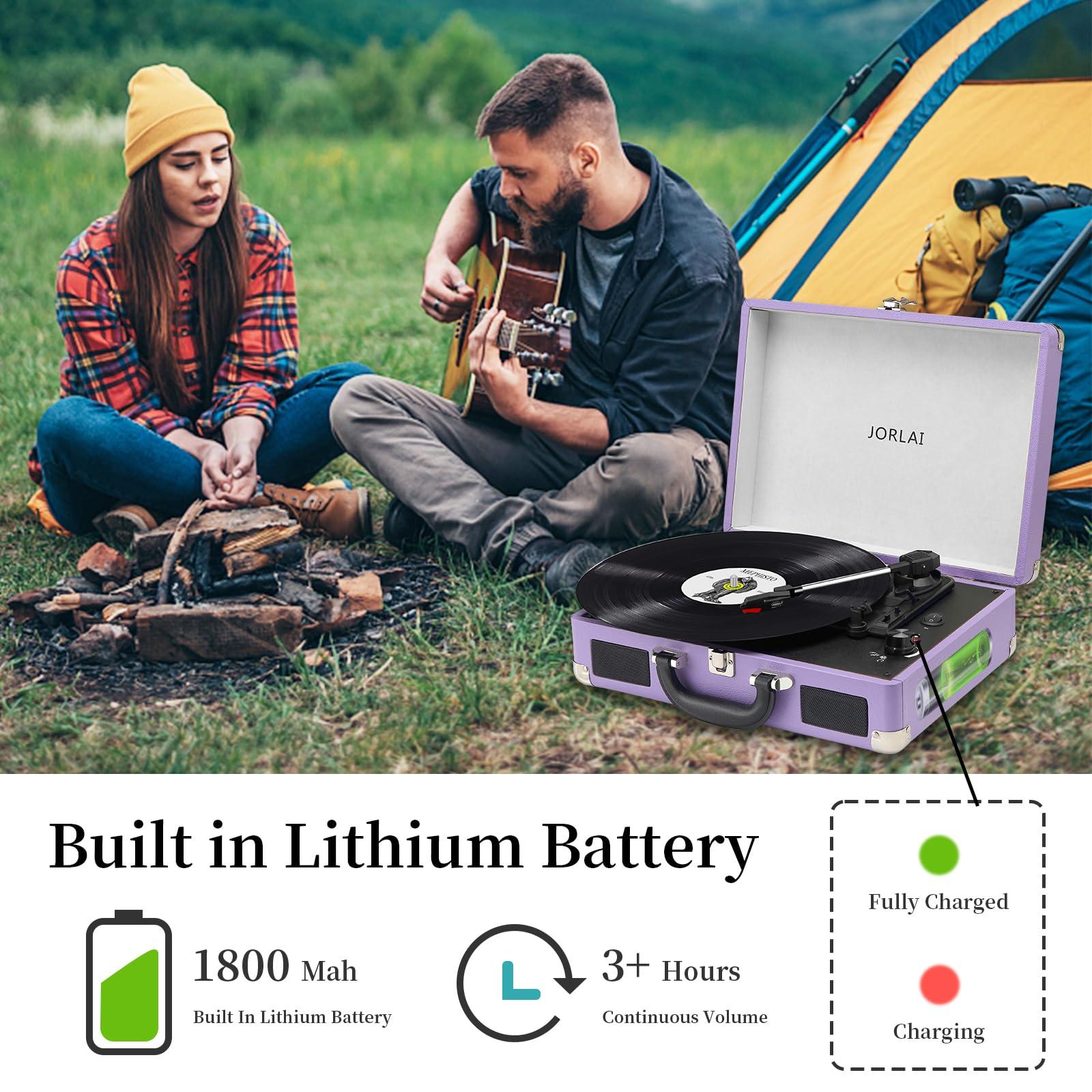 JORLAI JORLAI Record Player 3 Speed Vinyl with Bluetooth Vintage Turntable Built in Battery Portable Suitcase Support Aux in RCA Line Out Headphone Jack Purple