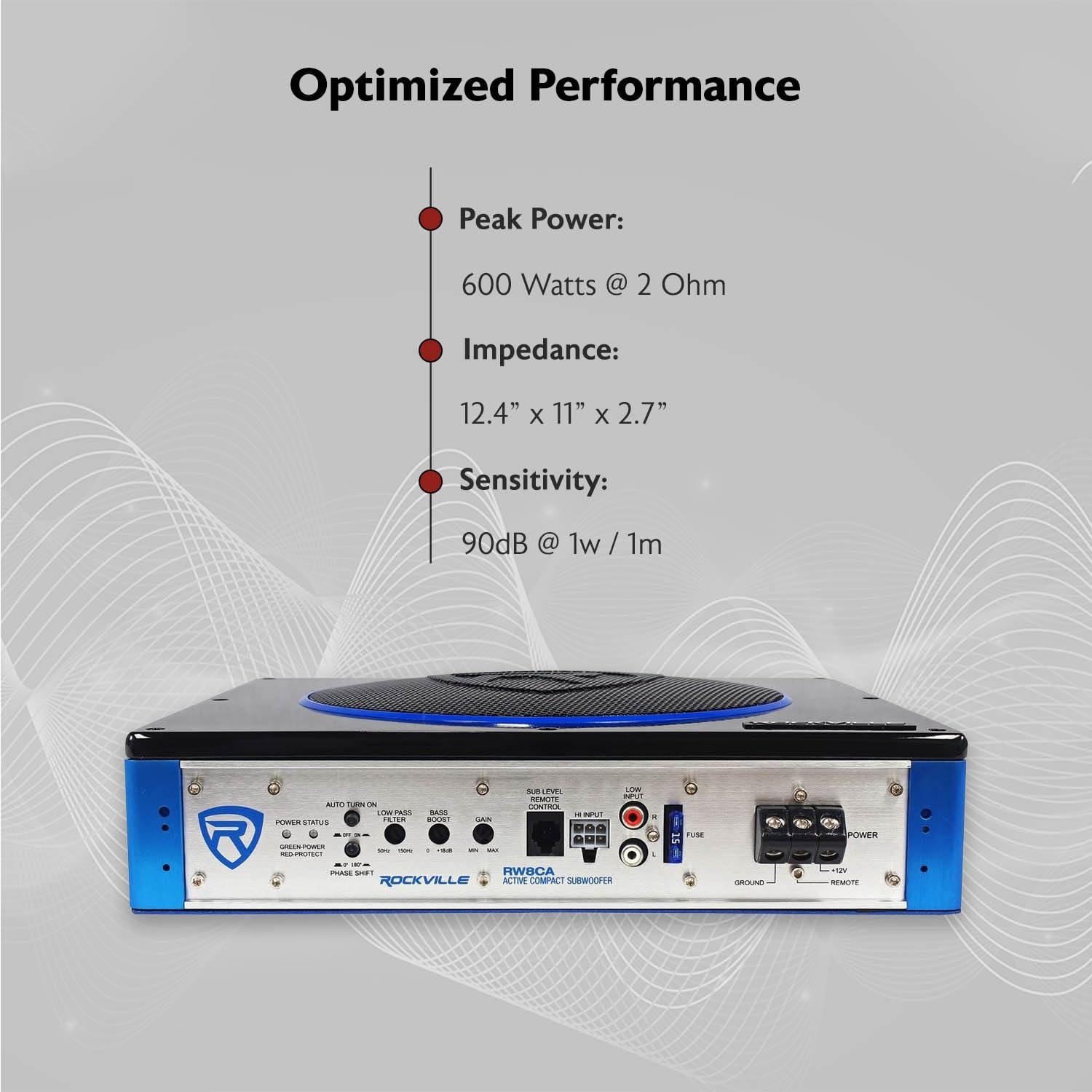 Rockville Rockville RW8CA 8" 600 Watt Low Profile Under-Seat Active Powered Car Subwoofer, Black