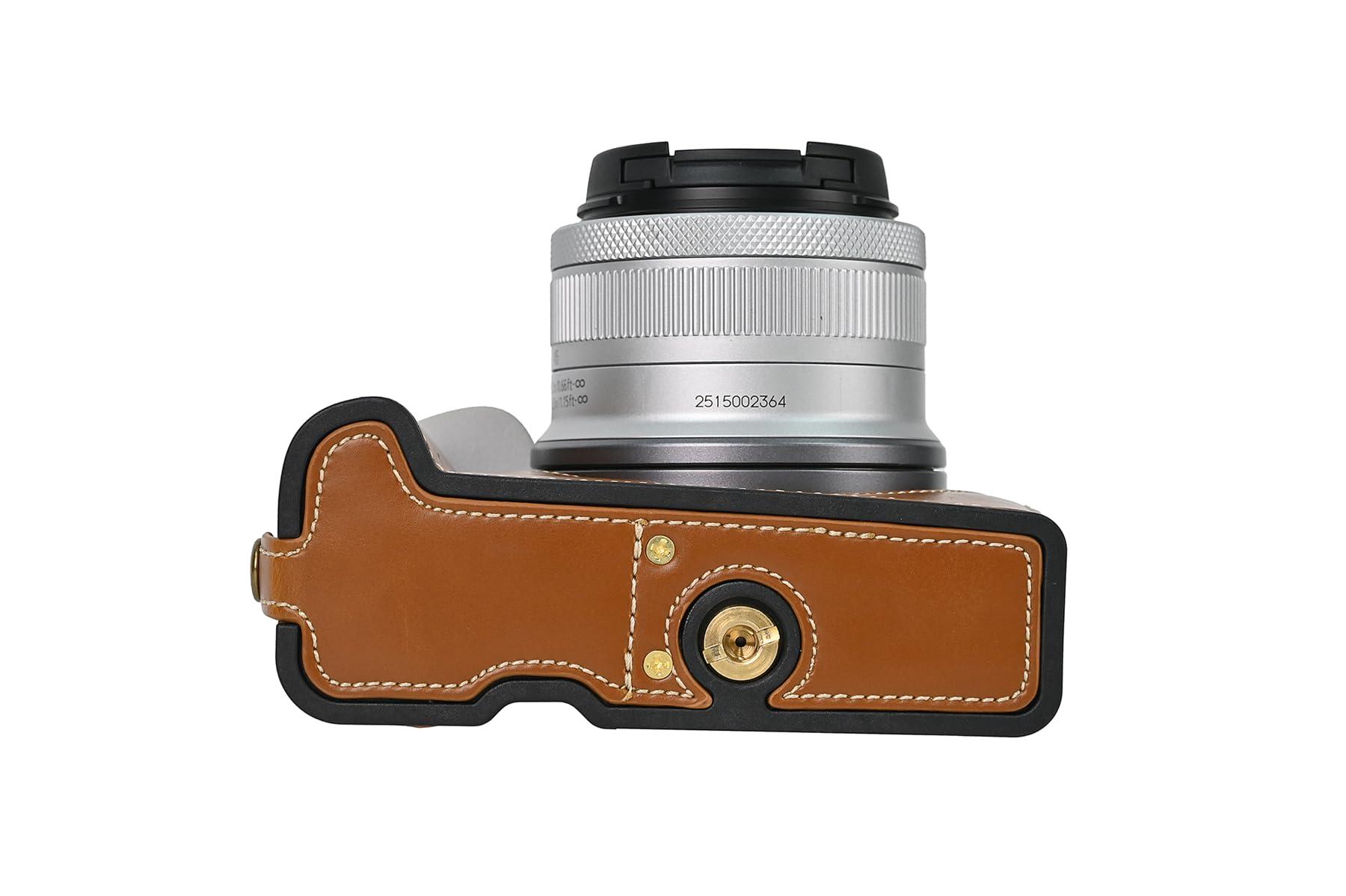 BMAOLLONGB R50 Case, BMAOLLONGB Handmade PU Leather Half Camera Case Bag Cover Bottom Opening Version for Canon Eos R50 with Hand Strap (Brown)