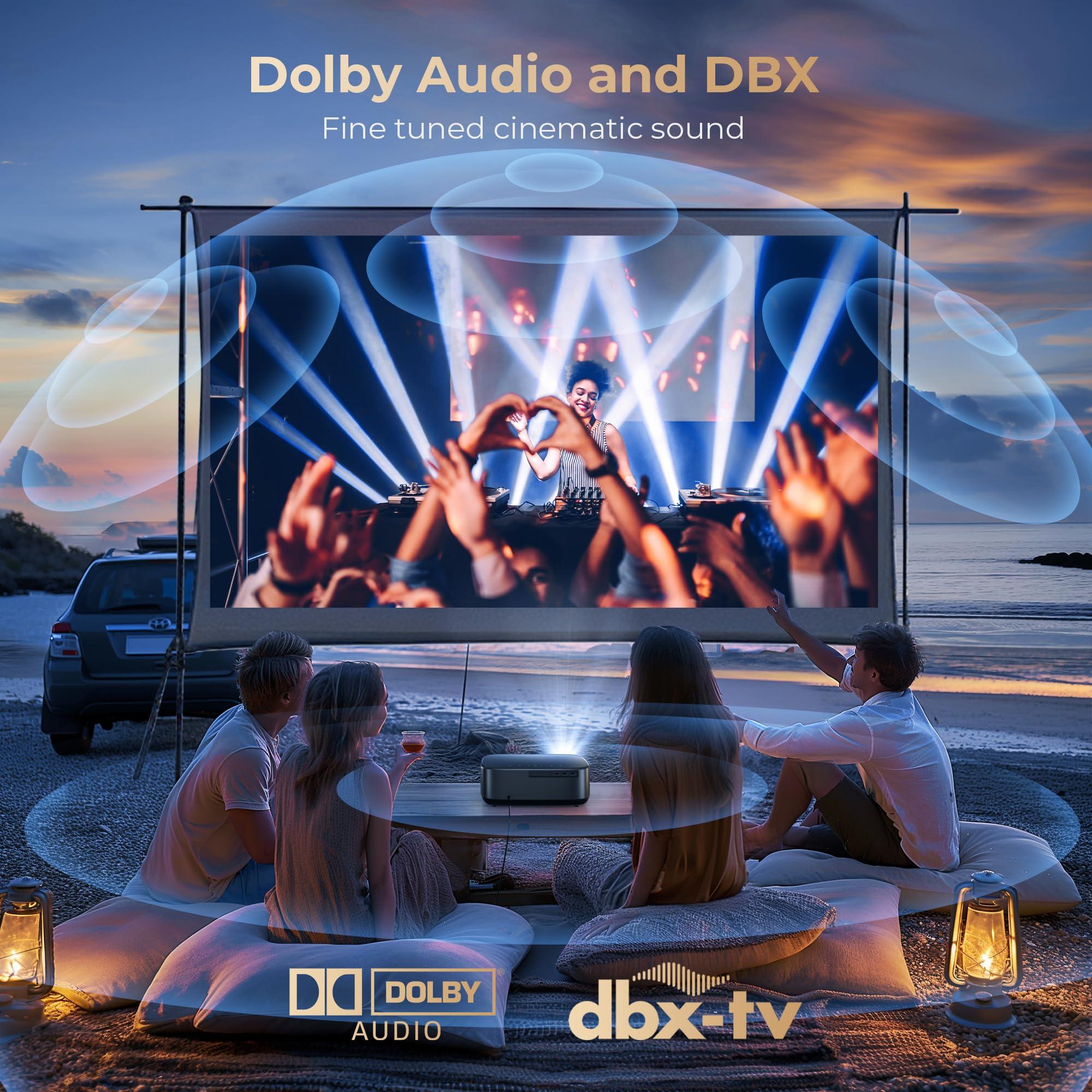 Alvar [1200 ANSI & Audio by DBX-TV] Alvar 4K Projector with WiFi 6 and Bluetooth, 30W Speakers, Netflix Licensed & DoIby Audio Outdoor Proyector, Auto Focus Native 1080P Smart Projector with HDR10+, Black