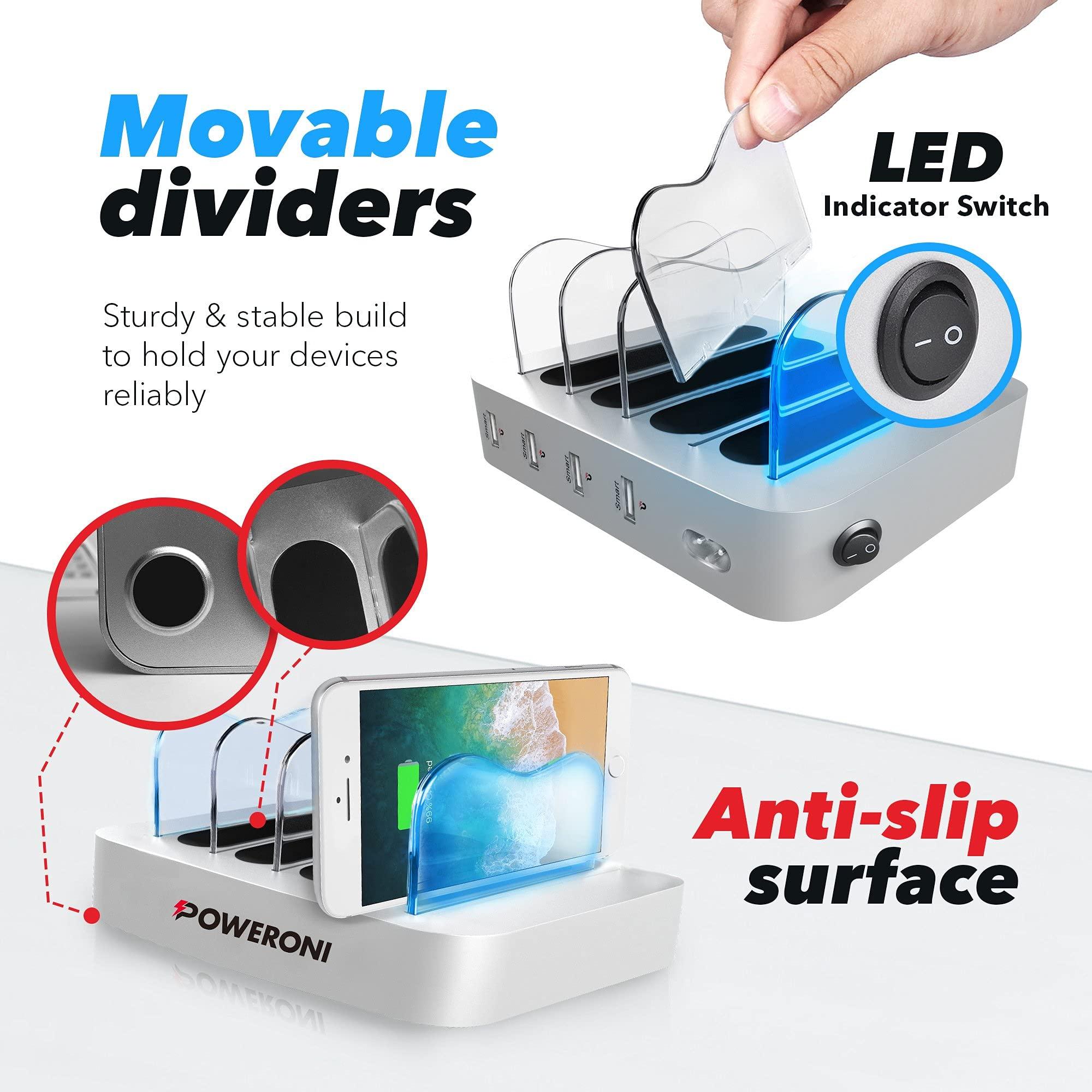 Poweroni Poweroni 4 Port USB Charging Station - Fast Charging Dock for Multiple Devices Apple - Multi Device Charger Station - Compatible with Apple iPad, iPhone, Android, and Tablet - Charging Rack