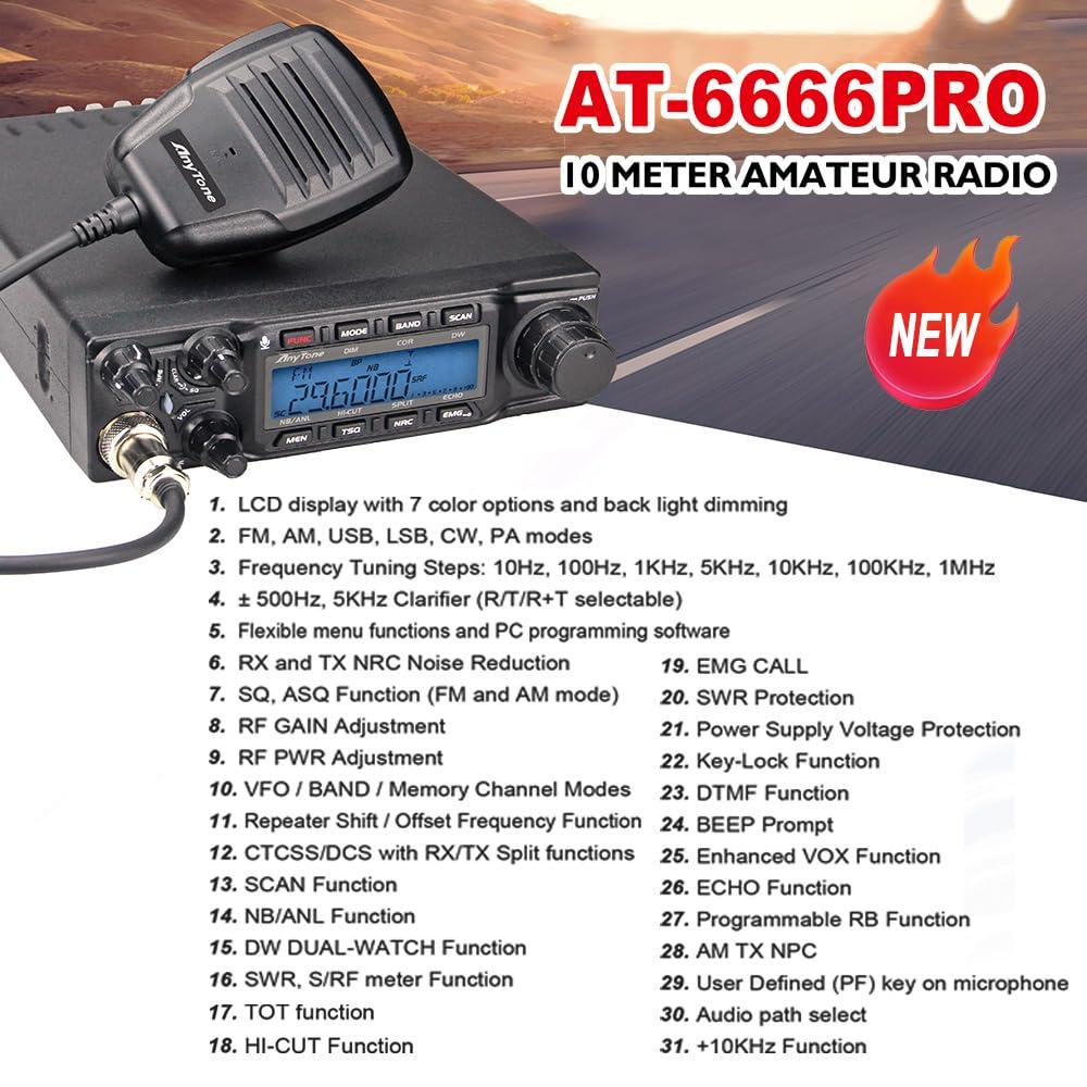 ANYSECU Anysecu AnyTone AT-6666pro 10 Meter Radio High Power 80 Watts Output FM/AM/USB/LSB/CW Mobile Transceiver with Programming Cable