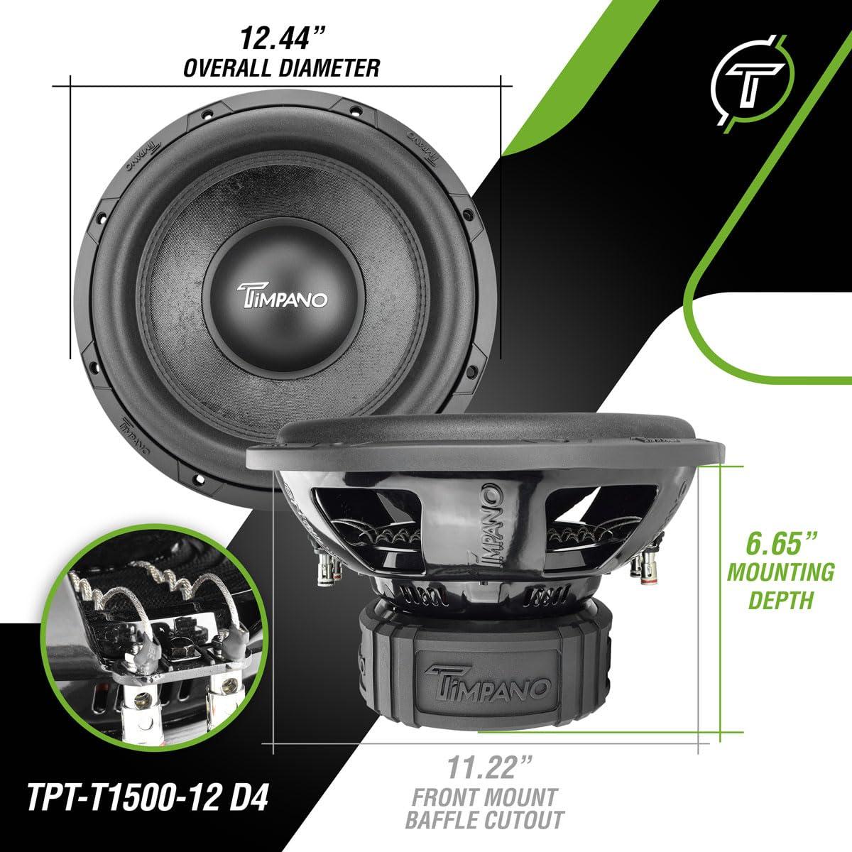 Timpano TIMPANO 12 Inch Subwoofer D4 1600 Watts Max Power Dual 4 Ohm, Subwoofer Car Audio 12 Inch 16 mm Xmax, TPT-T1500-12 D4, 2.6 In Voice Coil Double Stacked Magnet Sub woofer for Car Audio Systems (Single)