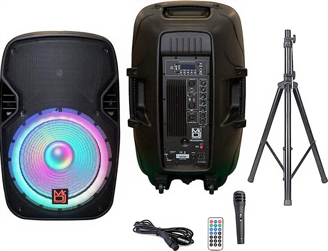 Mr. Dj Mr. Dj PBX-4200PKG 15" Powered PA DJ Speaker 2-Way Full Range Portable PA Speaker System Combo Set with Stands/Illuminating Light/Microphone/EQ/USB/Bluetooth