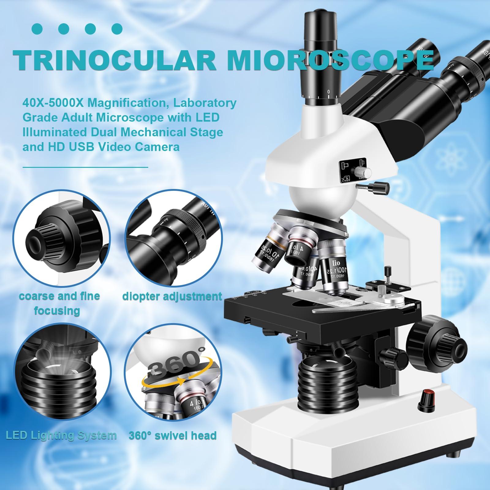 Woehrsh Trinocular Microscope 40X-5000X Magnification, Microscope for Adults, Laboratory Grade with Dual Mechanical Stage and HD USB Camera Microscope (Adult Trinocular Microscope with Electronic Eyepiece)
