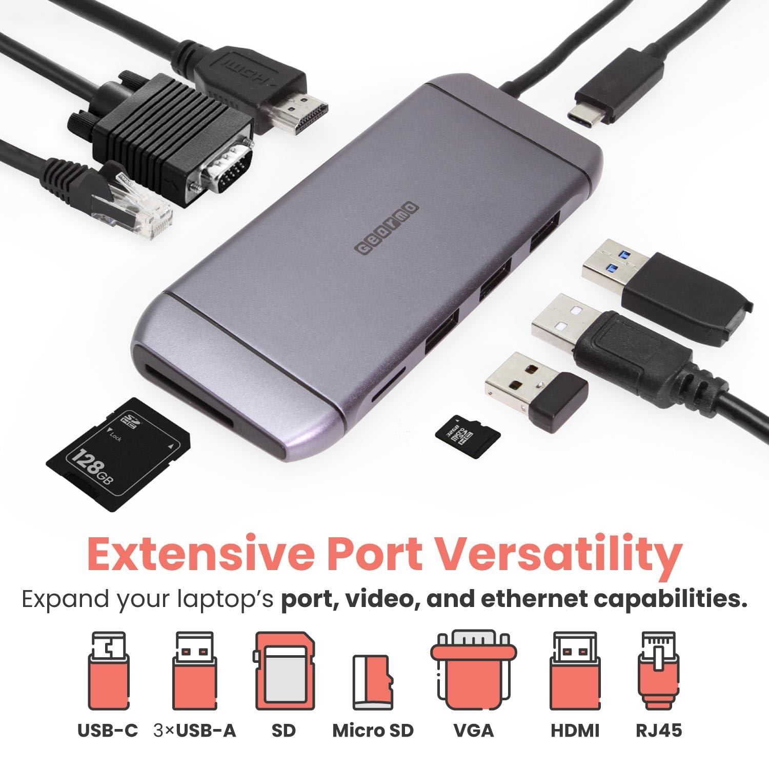 Gearmo 9-in-1 USB-C Hub Docking Station - 4K HDMI, VGA, Ethernet, SD, 60W Power Delivery | Travel Ready for Laptops