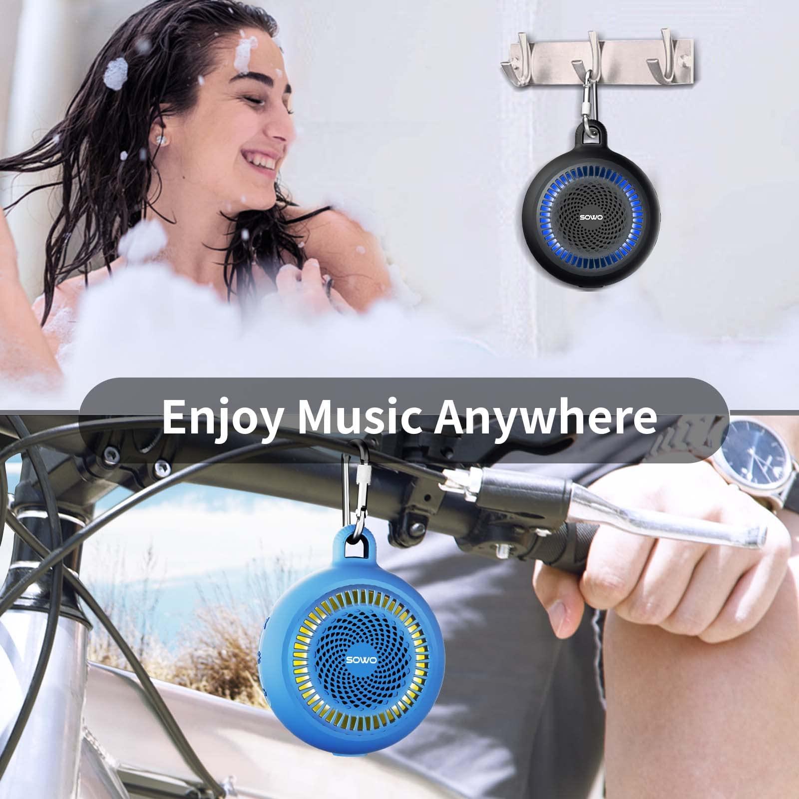 SOWO SOWO Bluetooth Shower Speaker Waterproof - Small Portable Speaker Wireless with Louder Volume and Powerful Bass - Colorful Lights and 10H Playtime - Lightweight with Carabiner and TWS - Blue