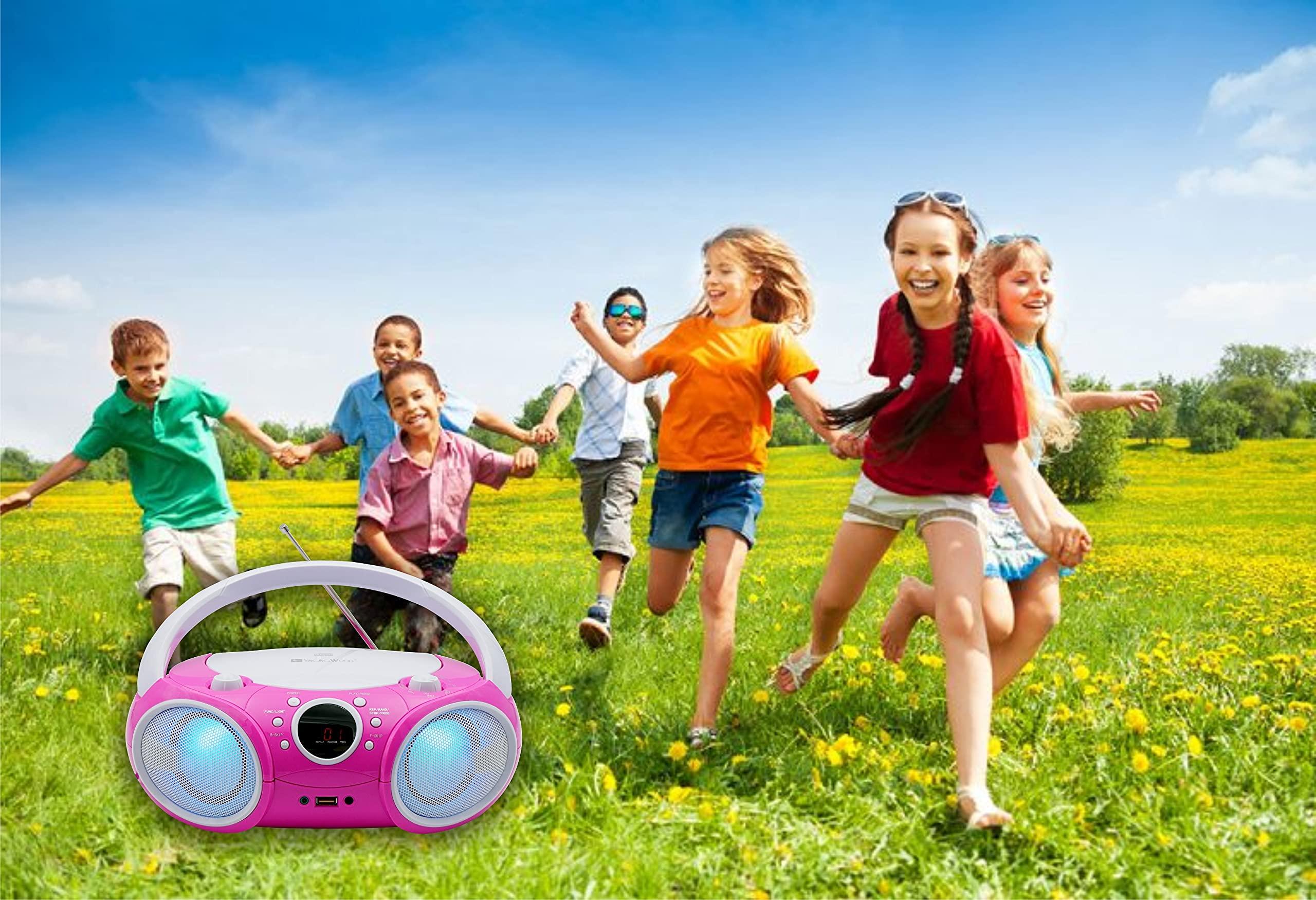 SINGING WOOD SINGING WOOD 030BTL, CD Player Boombox CD/CD-R/CD-RW, Portable w/Bluetooth, USB, AM/FM Radio, AUX-Input, Headset Jack, Foldable Carrying Handle and LED Light (Kitty Pink)