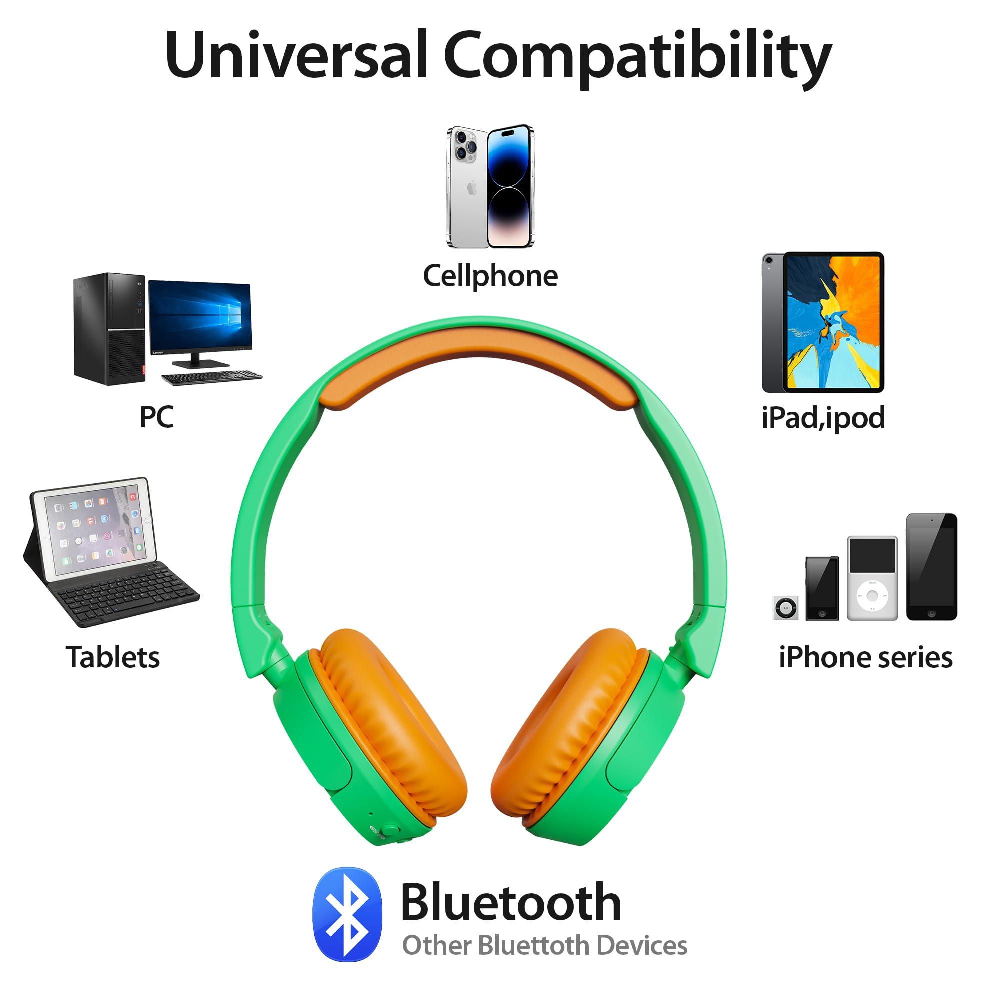 Contixo Contixo KB-5 Kids Headphones - Over The Ear Foldable Bluetooth Wireless Headphone for Kids - 85dB with Volume Limited - Toddler Headphones for Boys and Girls (Green+Orange)