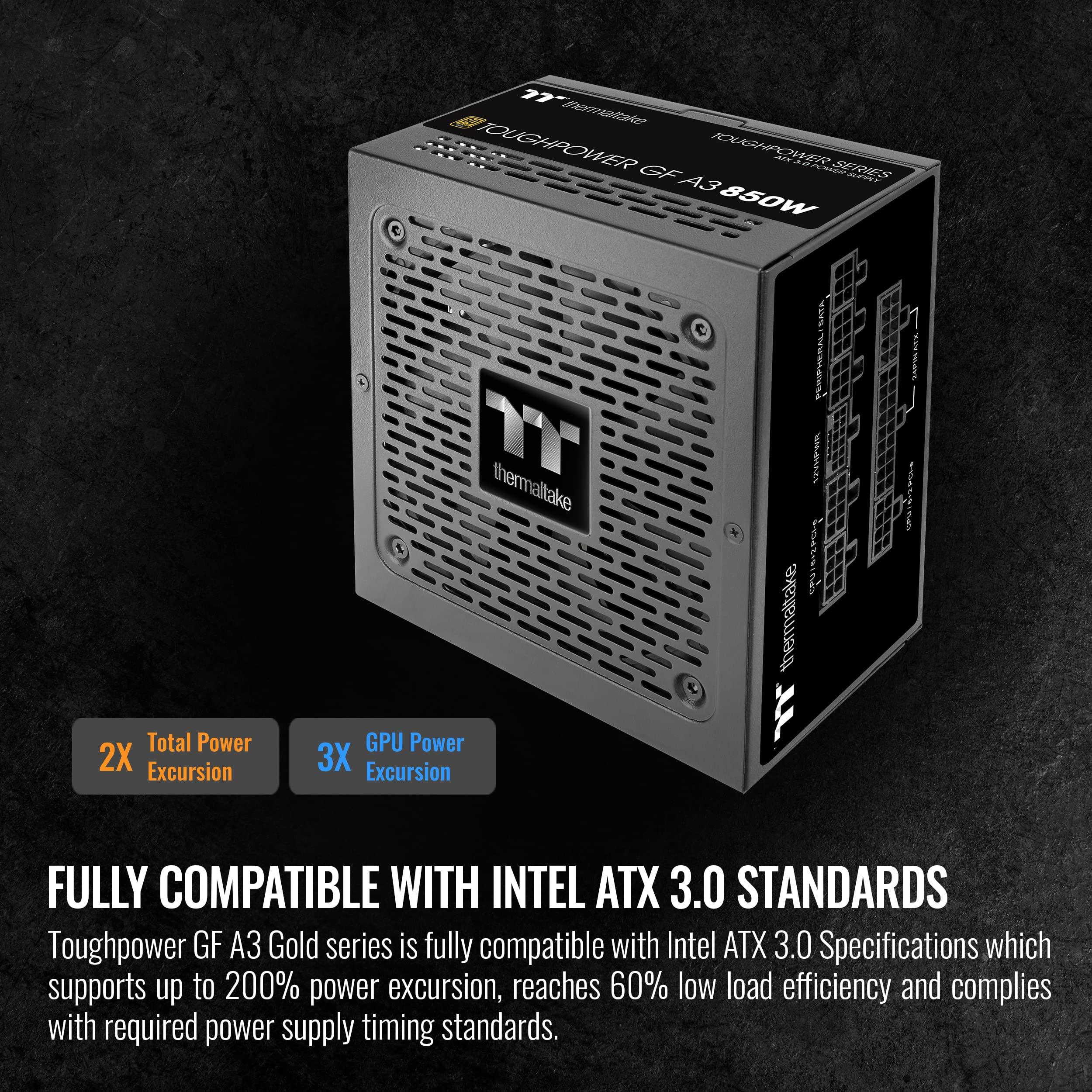 Thermaltake Thermaltake Toughpower GF A3 850W, True 450W 12VHPWR Connectors on PSU & NVIDIA RTX 40 Series, ATX 3.0/PCI-E 5.0, 80+ Gold, SLI/Crossfire Ready Power Supply, PS-TPD-0850FNFAGU-L, 10 Year Warranty