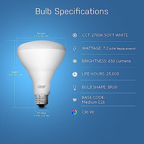 Feit Electric Feit Electric BR30 LED Light Bulb, 65W Equivalent, Dimmable, 650 Lumens, E26 Standard Base, 2700K Soft White, 90 CRI, Recessed Can Light Bulbs, 22-Year Lifetime, BR30DM/927CA/4, 4 Pack