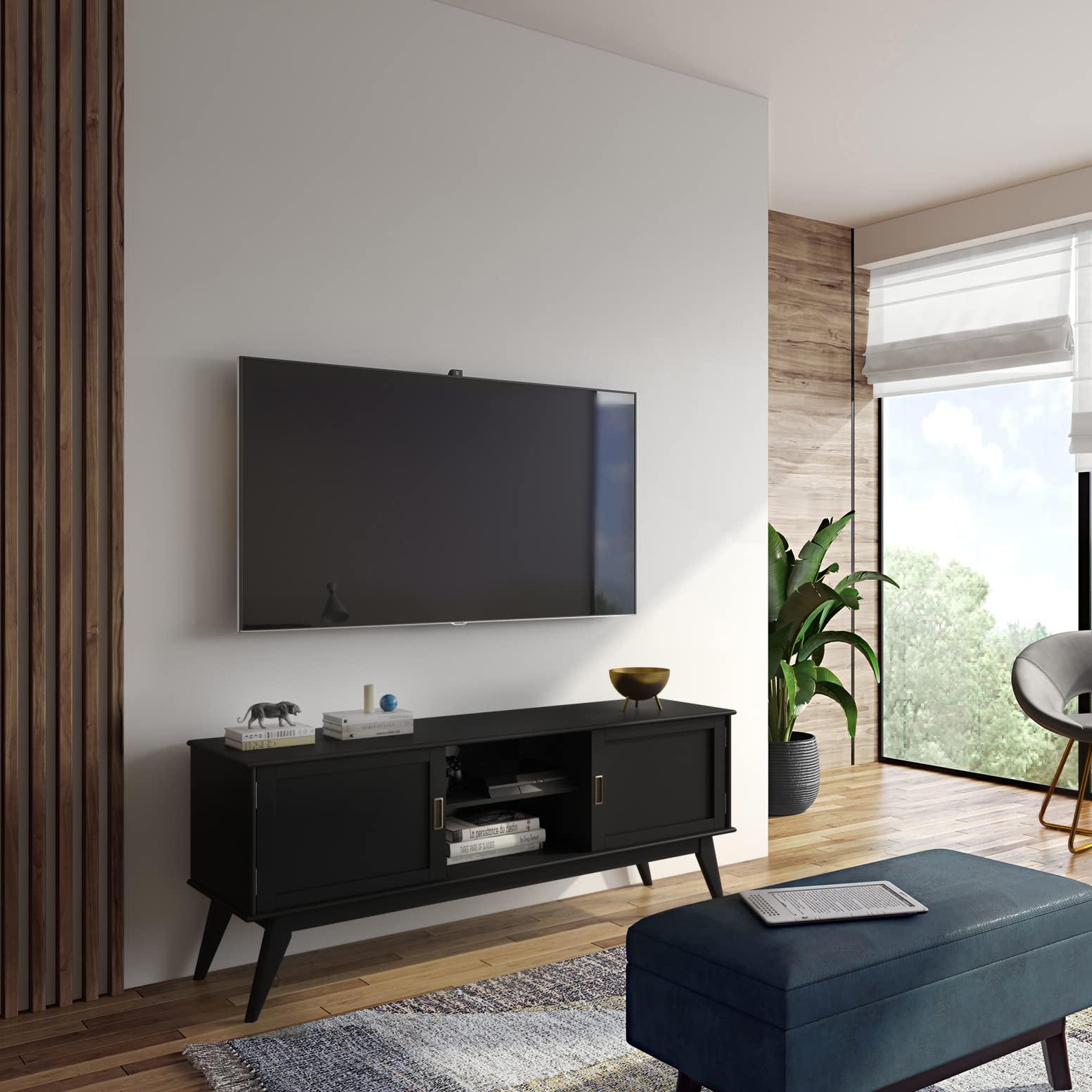 SIMPLIHOME SIMPLIHOME Draper SOLID HARDWOOD 60 Inch Wide Mid Century Modern Low TV Media Stand in Black for TVs up to 65 Inches, For the Living Room and Entertainment Center