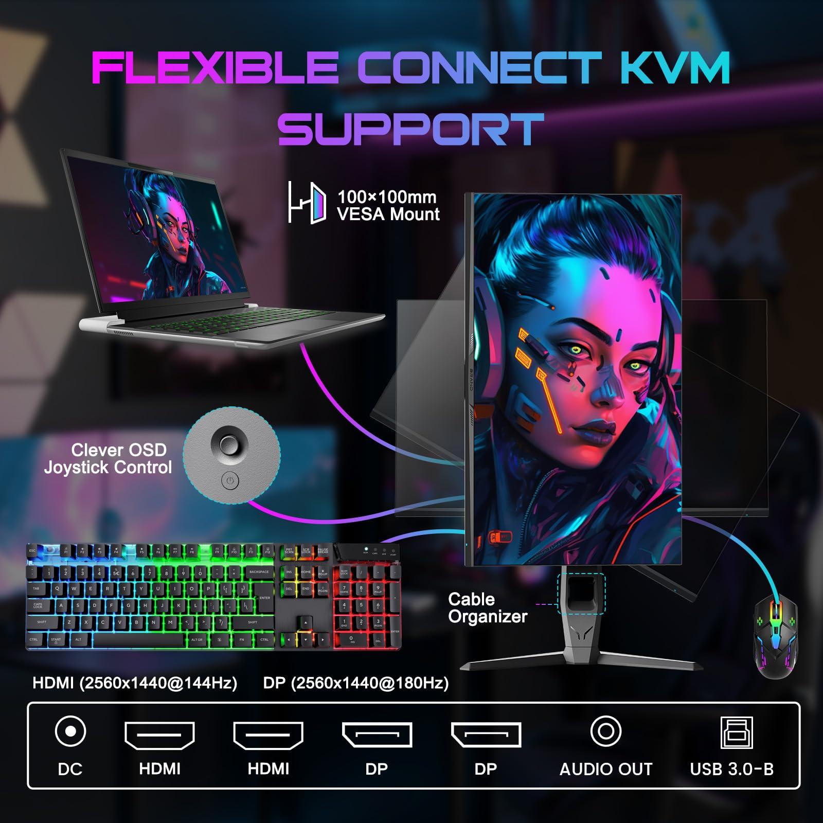 SANSUI SANSUI 27 inch WQHD 180Hz Gaming Monitor 1440P-AMD FreeSync 1ms DCI-P3 93% Fast IPS Computer Monitor,Height Adjustable Vertical/Horizontal Rotating, 2DisplayPort/HDMI HDRLow Motion Blur Speakers