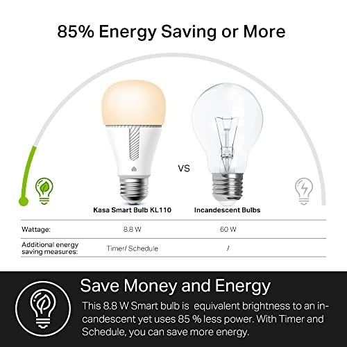Kasa Smart Kasa Smart Light Bulb KL110, LED Wi-Fi smart bulb works with Alexa and Google Home, A19 Dimmable, 2.4Ghz, No Hub Required, 800LM Soft White (2700K), 9W (60W Equivalent)