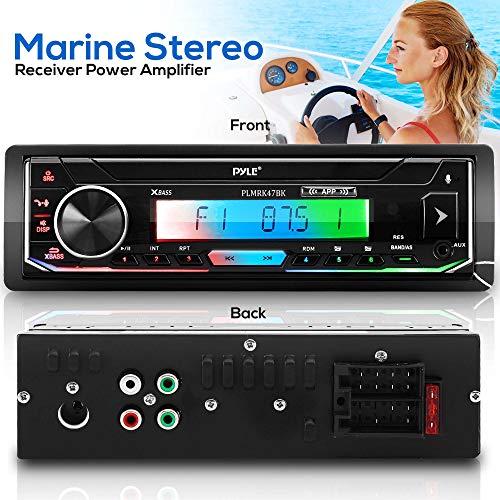 Pyle Pyle Bluetooth Marine Receiver Stereo & Speaker Kit 300W Single DIN Boat Marine Head Unit l LCD, Mic, Hands-Free Calling, AUX, MP3/USB/SD, AM/FM Radio, Remote - PLMRK47BK (Black)