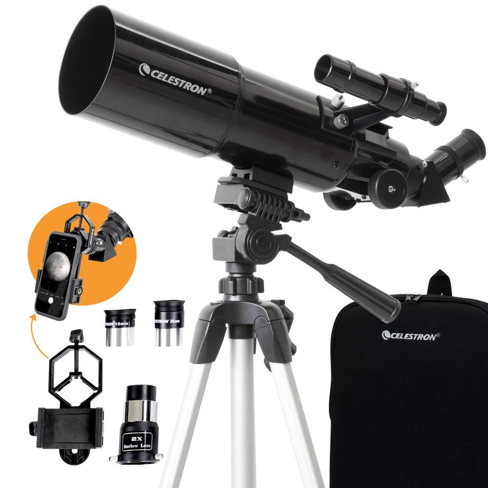 Celestron Celestron - 80mm Travel Scope - Portable Refractor Telescope - Bonus Astronomy Software Package - Digiscoping Smartphone Adapter & LensPen - Optics Cleaning Tool, Black (93575)