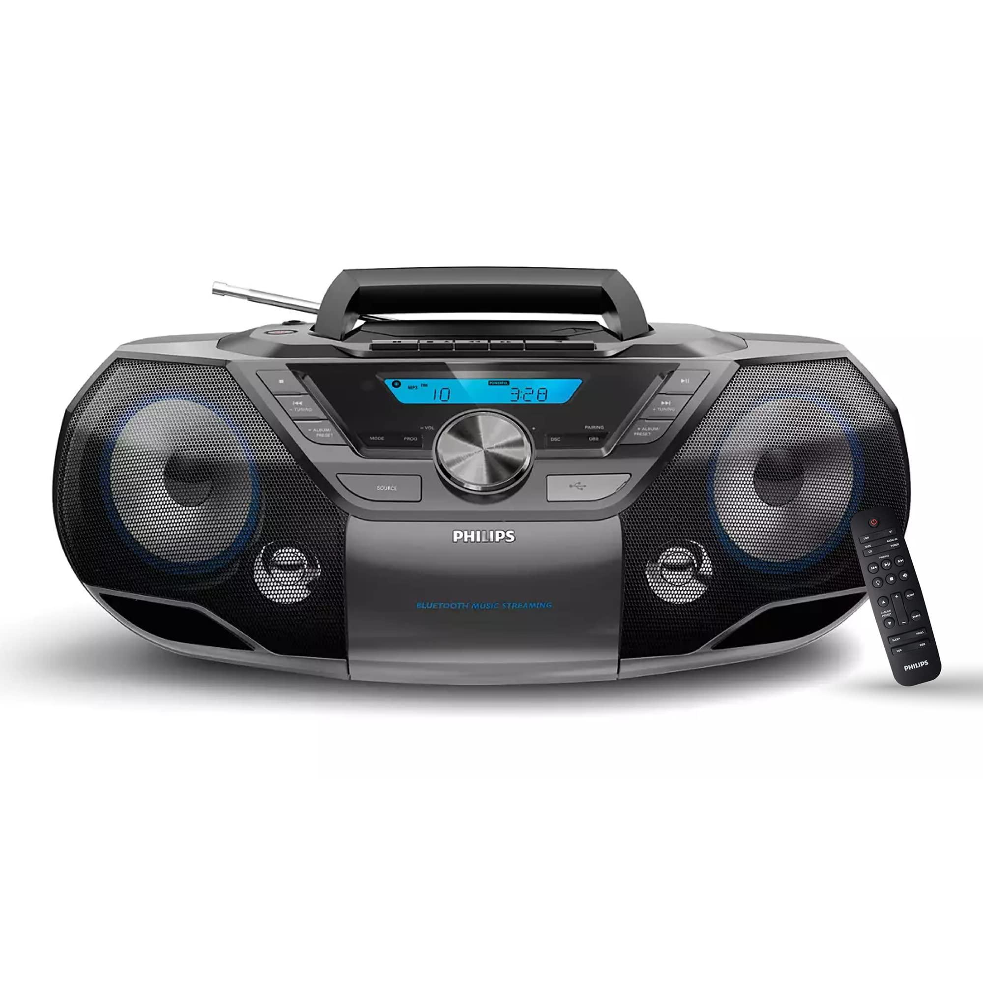 PHILIPS Philips Portable CD Player Boombox Bluetooth with Cassette Player All in one Powerful Stereo Boom Box CD Player for Home Mega Bass Reflex Speakers, Radio/USB/MP3/AUX Input with Backlight LCD Display