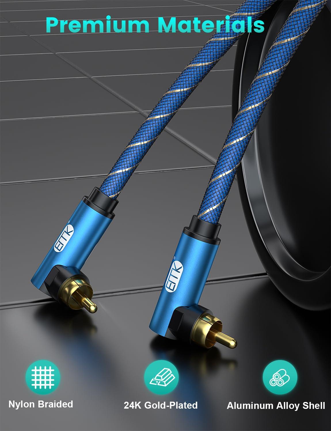 EMK EMK 90 Degree Subwoofer Cable, RCA Cable Male to Male Digital Coaxial Audio Cable for Subwoofer, TV, Sound Bars, Amplifier,Speaker and More-Blue (90 Degree to 90 Degree(1 Pack), 10FT/3M)