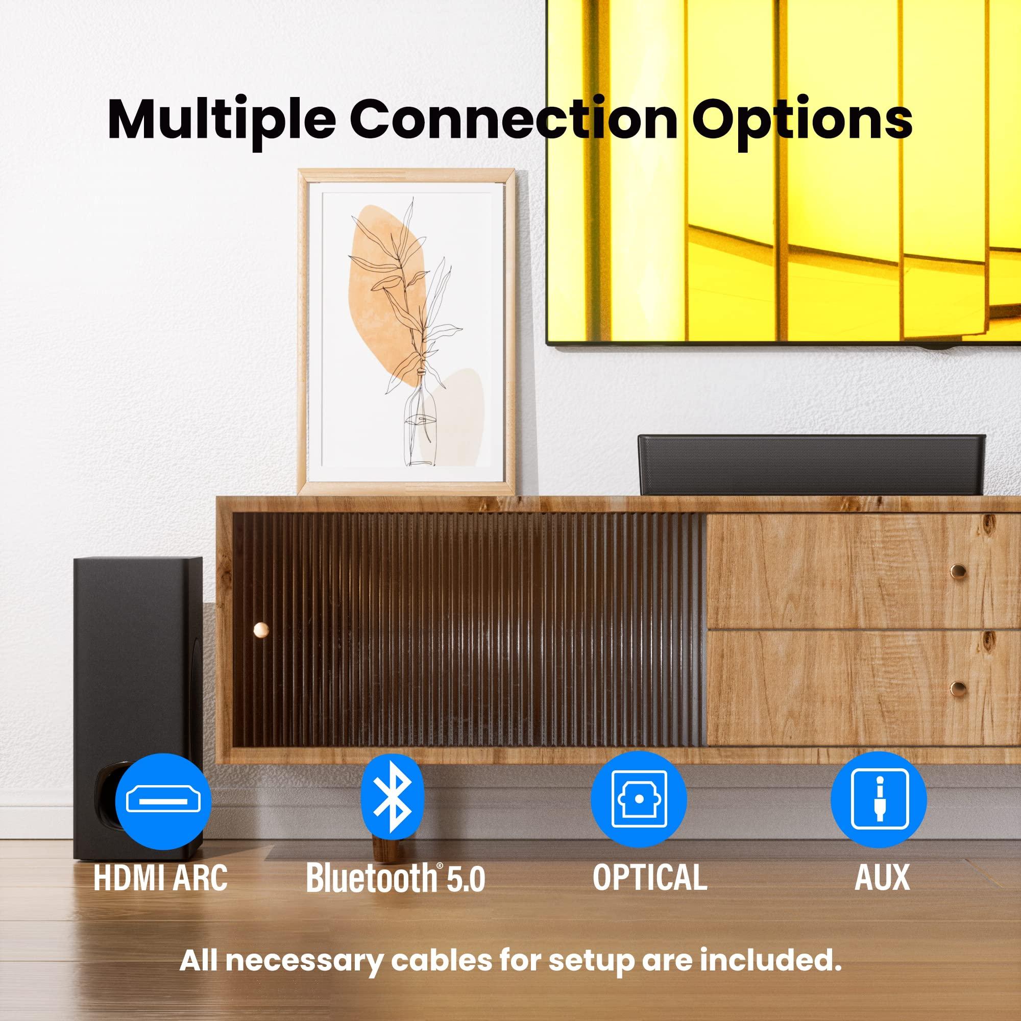 PHEANOO PHEANOO 2.1 Compact Sound Bars for TV with Subwoofer, HDMI ARC/Bluetooth 5.0/Optical/AUX/RCA Connection, Remote Control, Adjustable Bass, Wall Mountable P15, 140W, 16 inch, Black