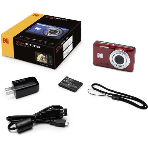 KODAK KODAK Pixpro FZ55 Digital Camera Bundle, Includes: SanDisk 128GB Memory Card, Hard Shell Camera Case, SD Card Reader and More (6 Items) (Red)