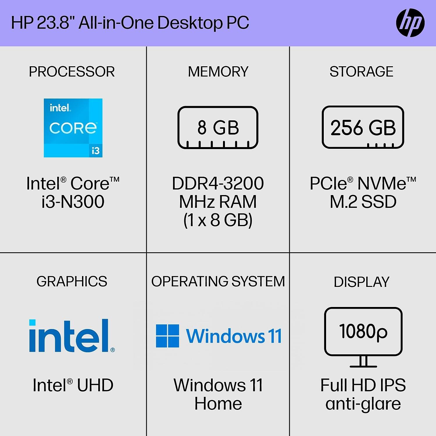 HP HP 24-cr0026 23.8-inch All-in-One Desktop Computer, Intel Core i3-N300, 8GB Memory, 256GB SSD (9W2H5AA#ABA)
