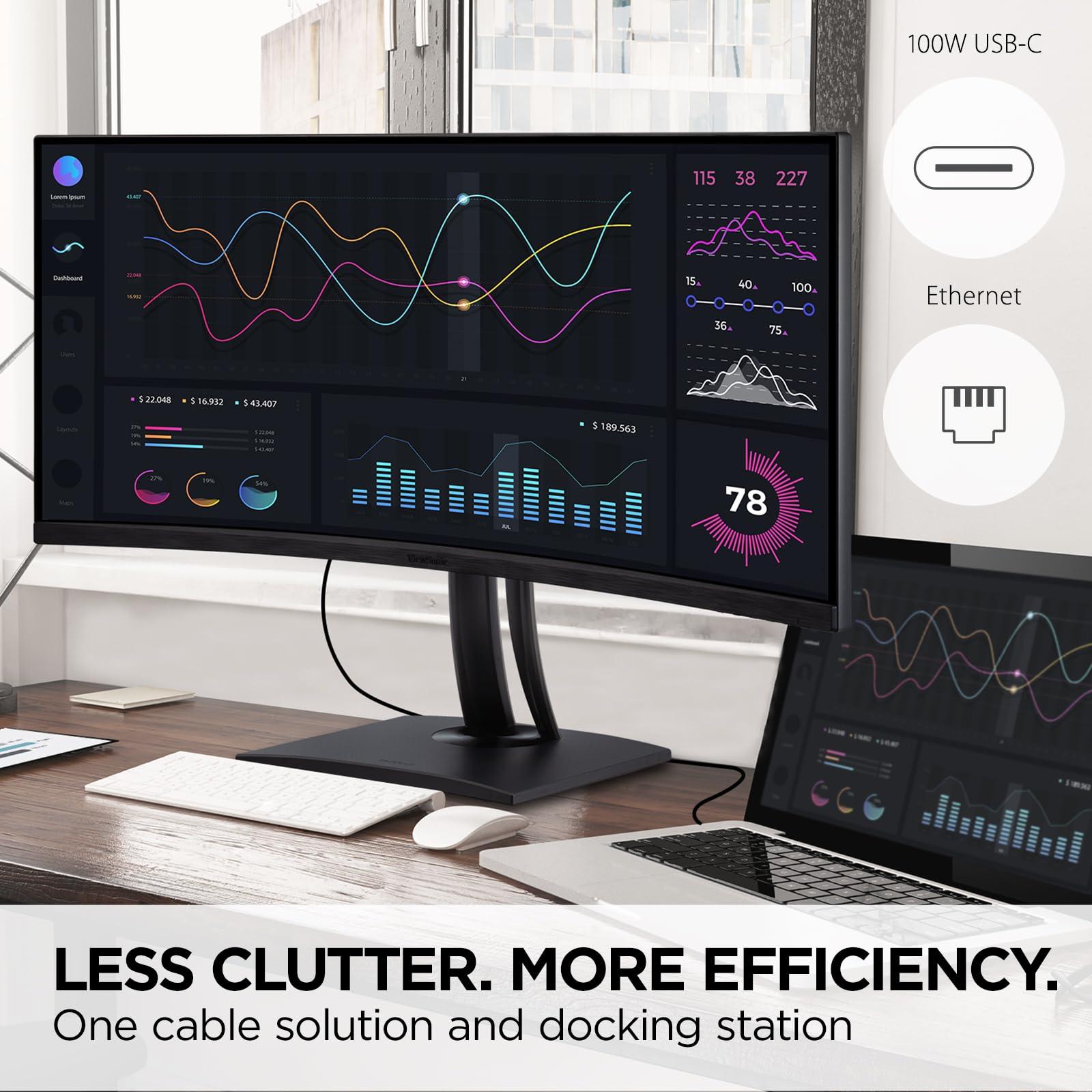 ViewSonic ViewSonic VP3456A 34 Inch Ultrawide QHD 1440p Curved Monitor with 100W USB C, Ethernet RJ45, FreeSync, USB Hub, 100% sRGB, 14-bit 3D LUT