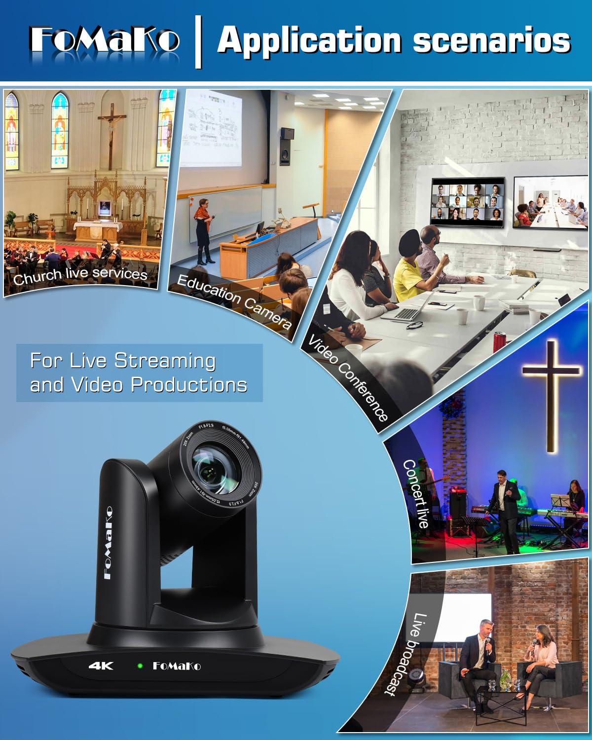 FoMaKo FoMaKo 4K PTZ Camera HDMI, AI Auto-Tracking, 4K 20X Optical Zoom, USB3.0 LAN HDMI PTZ Camera 4K for Church Worship Education Conference Events, K20UH