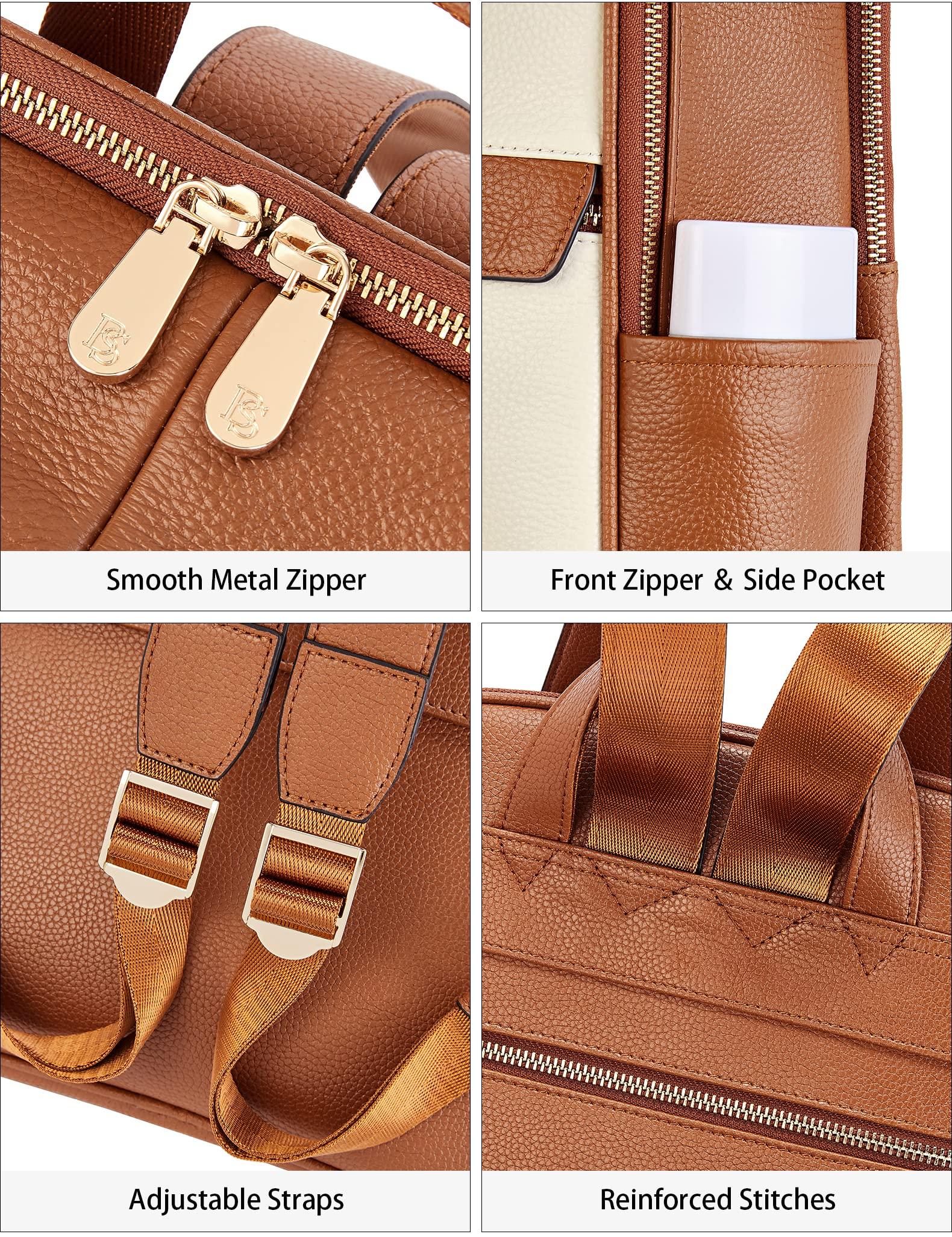 BOSTANTEN BOSTANTEN Genuine Leather 15.6 inch Laptop Backpack Purse for Women College Casual Backpack Travel Bag Daypack Beige-brown