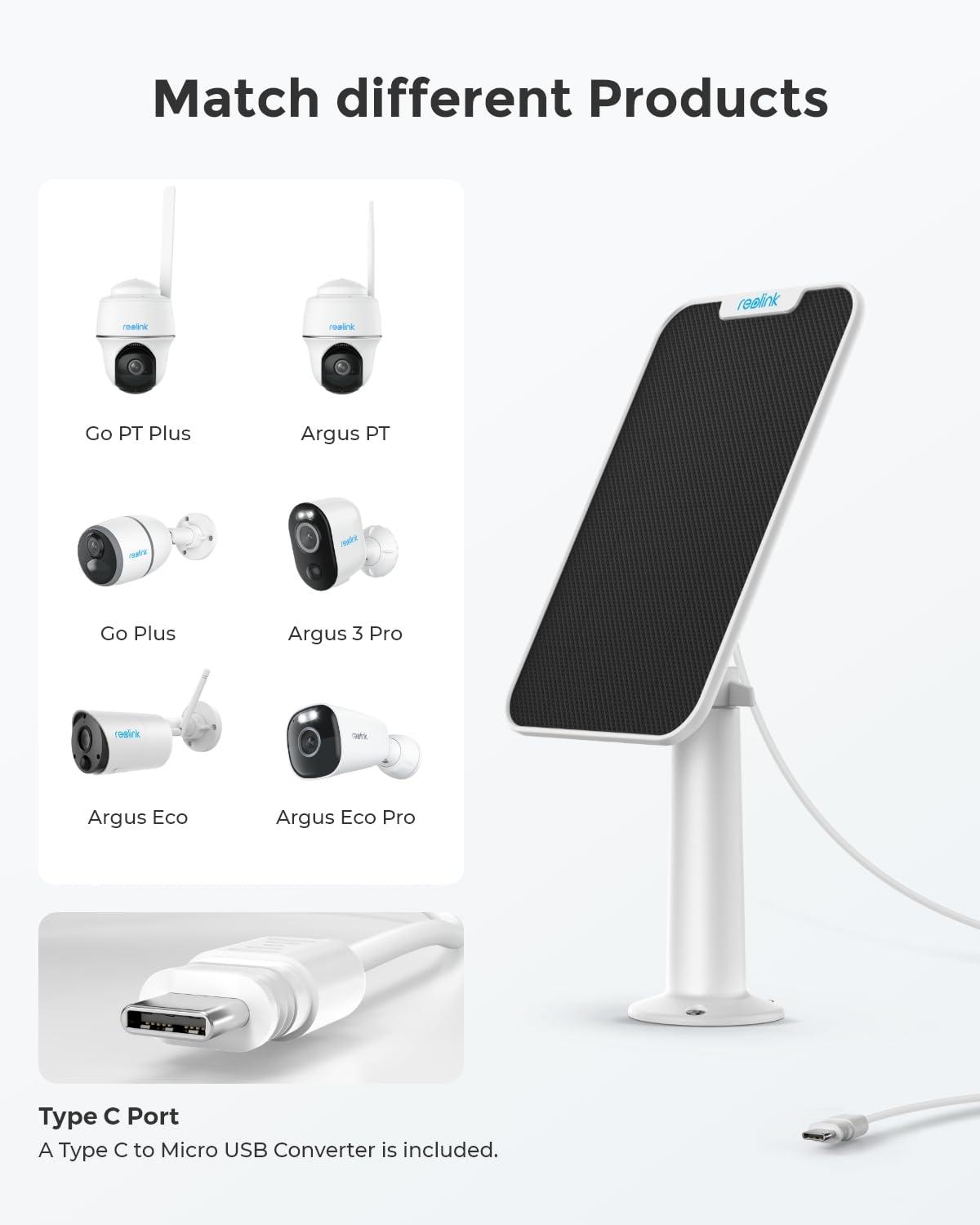 REOLINK REOLINK 3W Solar Panel Power Designed for Wireless Outdoor Security Camera Solar Powered Cameras, 6V Type C Port, Compatible with Argus Eco/Go PT Plus/Argus 3 Pro/Argus PT, Non-Stop Charging (White)