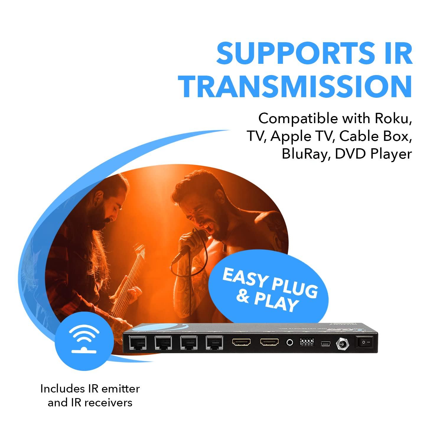 OREI OREI 4K 1x4 HDMI extender splitter over CAT6/7 ethernet cable up to 4K@30Hz upto 165 ft-1080P, IR control, EDID, HDMI loop out (HD14-EX165-K)