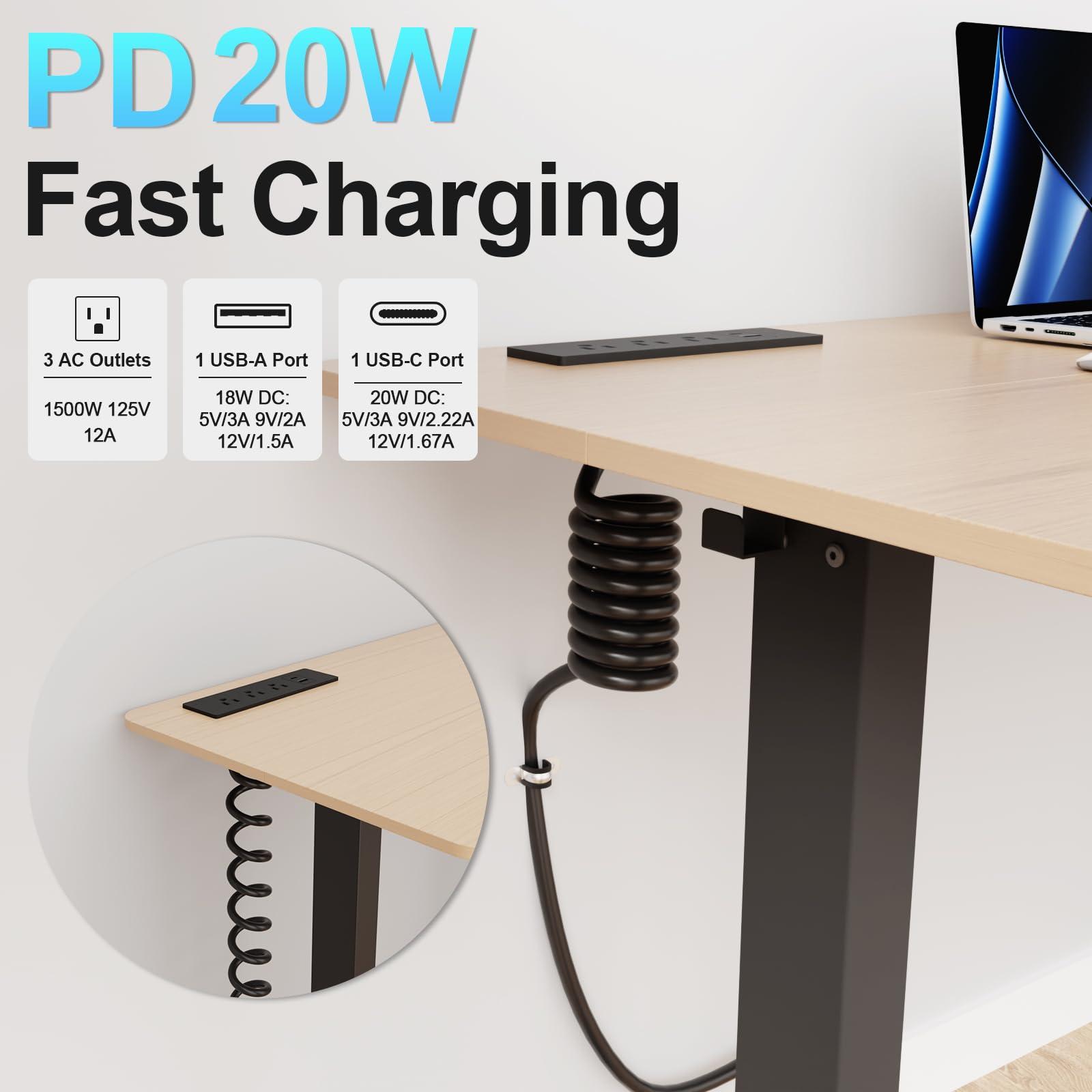 OELFFOW Drawer Outlet Kit, Recessed Furniture Power Strip, PD 20W Fast Charging Horizontal Outlet, Clutter-Free Drawer Socket with 2 USB(A & C) and 3 12 Amp AC Ports, 7.2 FT Power Cord, Spring Cable
