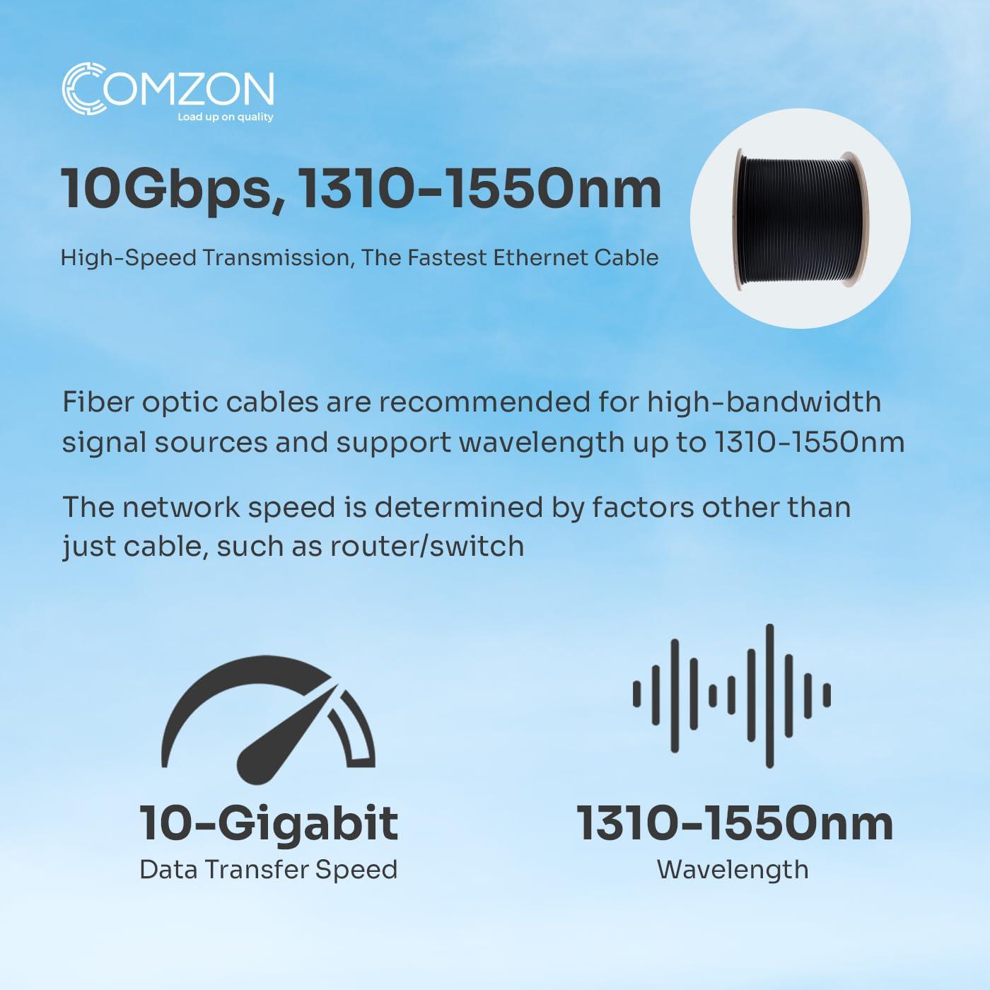 COMZON 12-Strand Fiber Indoor/Outdoor Singlemode Fiber Optic Cable, OS2 9/125, Black PVC, Riser Rated, Spool, Water-Blocking Aramid Yarn, UL Listed for High-Speed Internet and Network Installations, 1000ft
