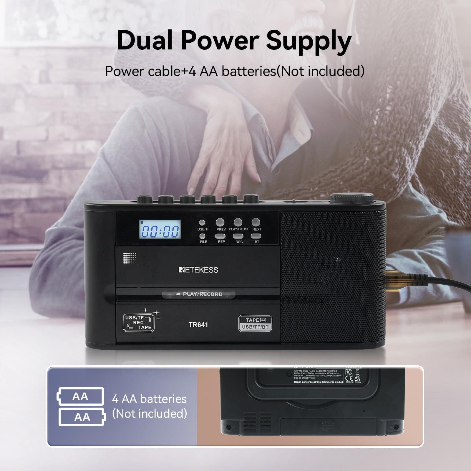 Retekess Retekess TR641 Cassette Player Recorder, Cassette to Digital Converter, AM/FM Radio, Boombox with Earphone Jack, USB/TF, Wireless Connection, Battery or AC Powered