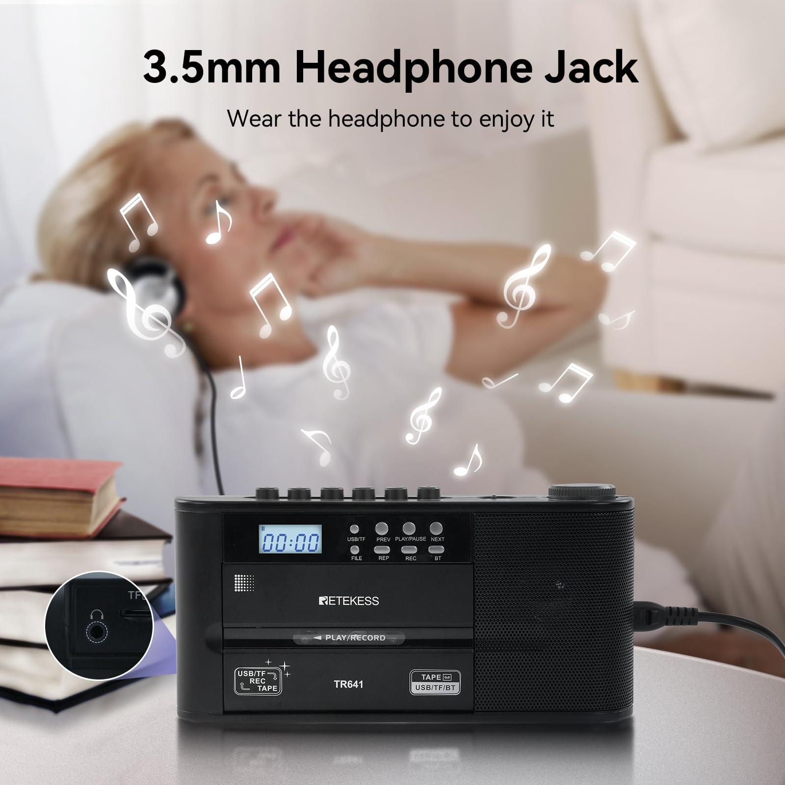 Retekess Retekess TR641 Cassette Player Recorder, Cassette to Digital Converter, AM/FM Radio, Boombox with Earphone Jack, USB/TF, Wireless Connection, Battery or AC Powered
