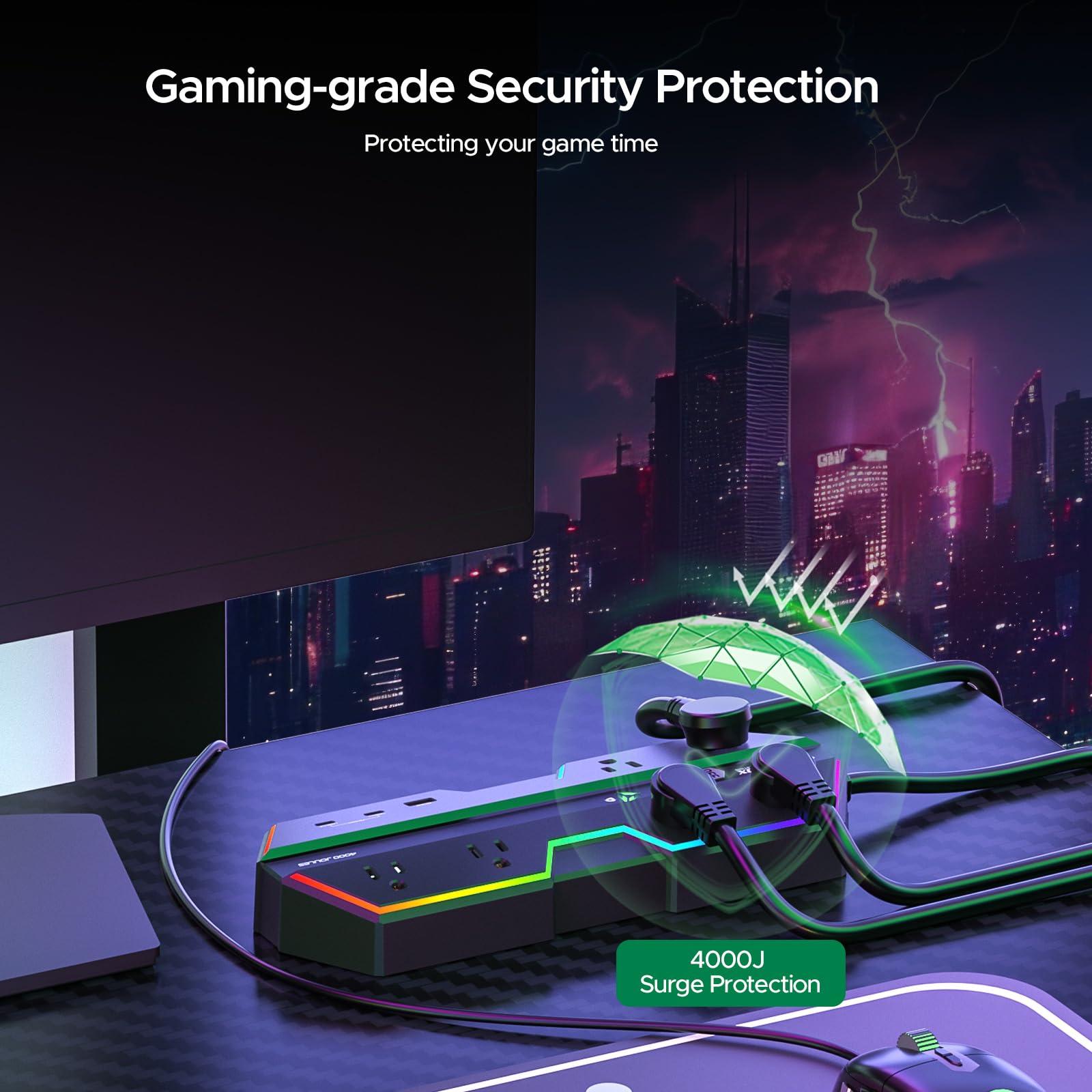 Green Box Innovations 4000J Surge Protector Power Strip with USB Ports, 6 Outlet Power Strip with RGB Lights and PD 20W Fast Charging, Wide-Spaced Outlet Perfect for e-Sports, Game PC, Home and Offices