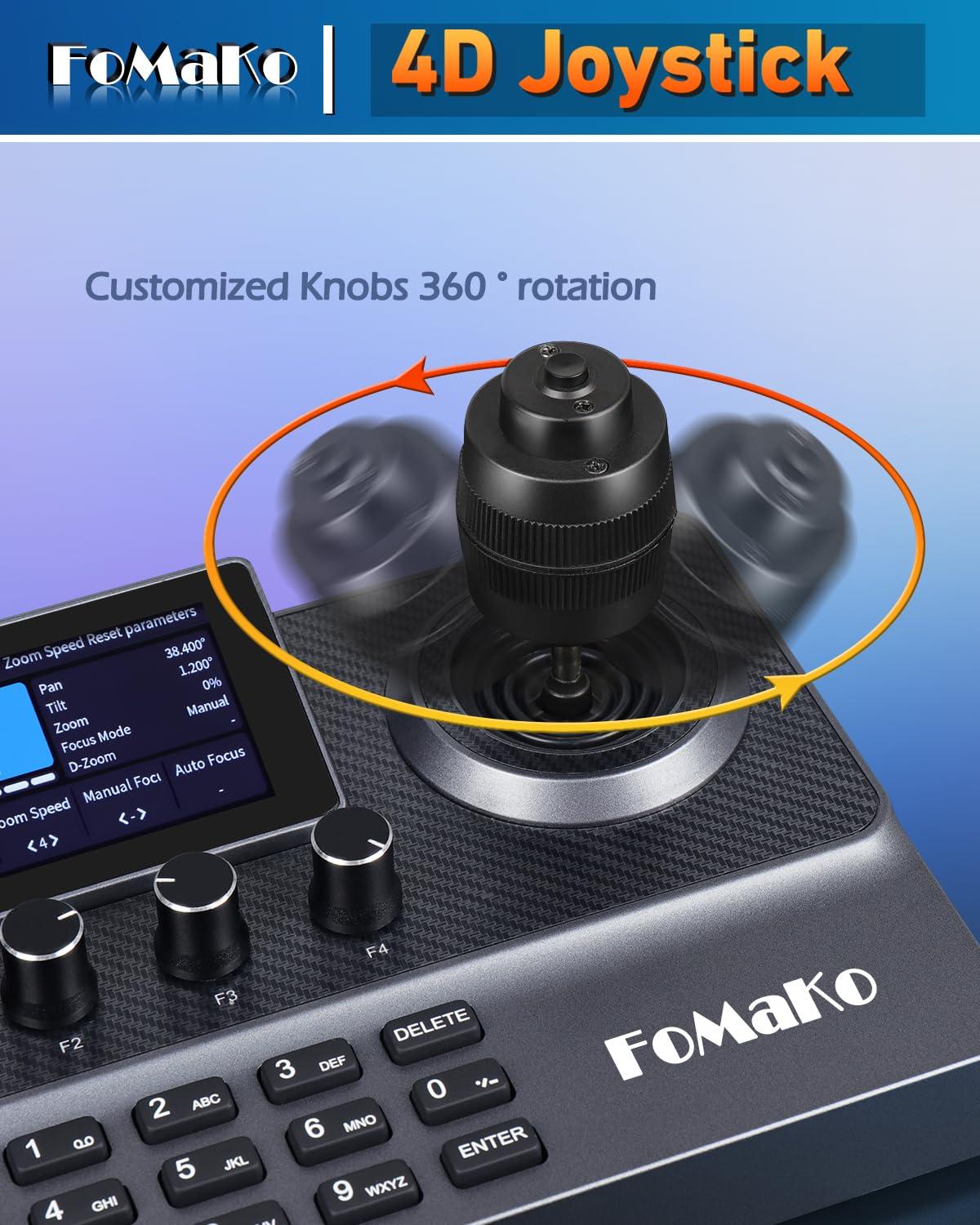 FoMaKo FoMaKo PTZ Controller PoE, 3" LCD Screen Preview, 4D Joystick PTZ Camera Controller, for Church Live Service, Visca PELCO D/P RS232 RS485(No NDI License, but NDI Upgradeable.) KC606 Black