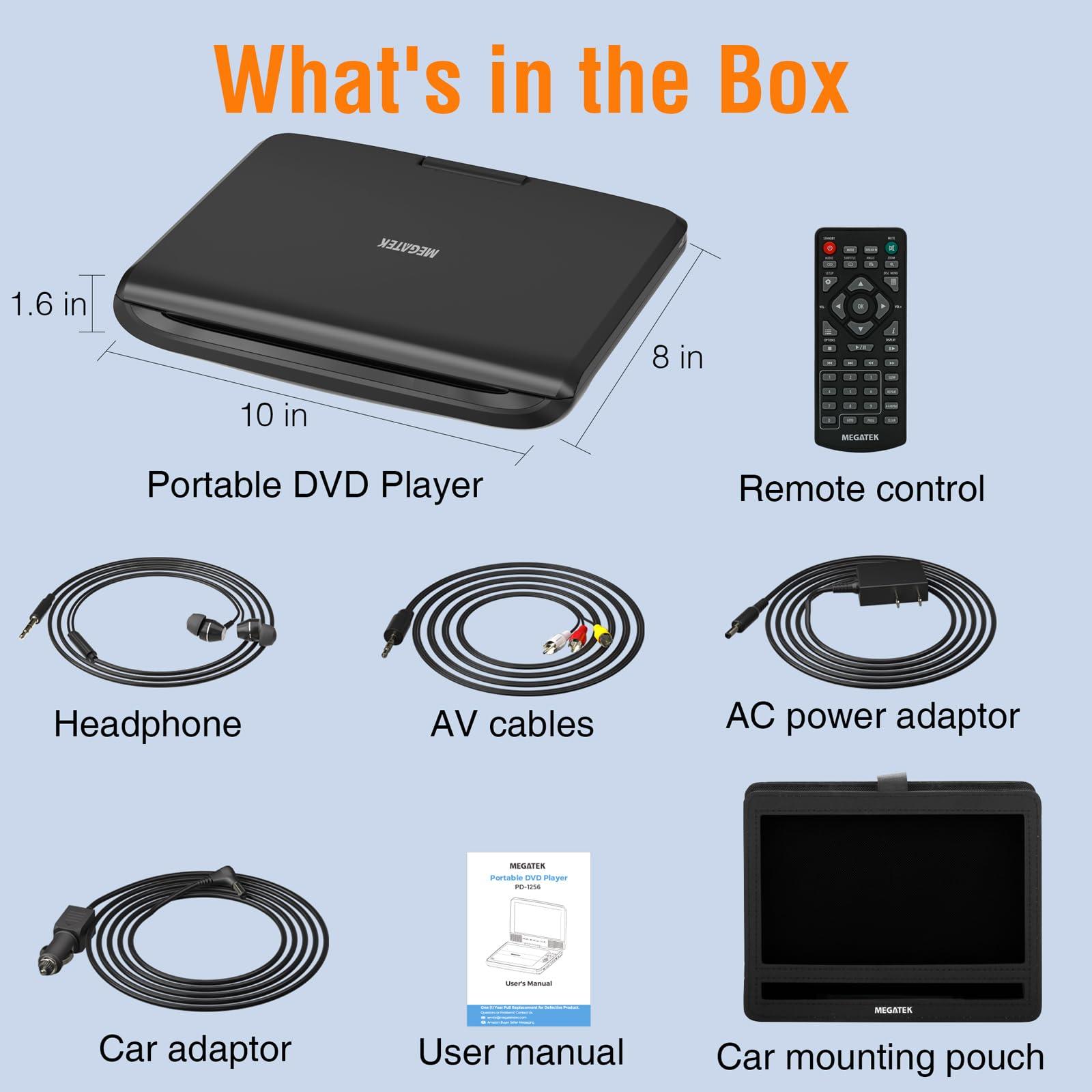 MEGATEK Megatek 12.5" Portable DVD Player with Headphones, Extended 6-Hour Battery, 10.5" HD Swivel Screen, Supports CD/DVD/USB/SD Card, Car Headrest Mount, Car Charger, AC Power Adapter, Remote Control