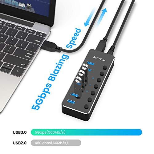 RSHTECH USB 3.0 Hub, RSHTECH 7 Port Powered USB Hub Expander Aluminum USB 3.0 Data Port hub with Universal 5V AC Adapter and Individual On/Off Switches USB Splitter for Laptop and PC(Black)