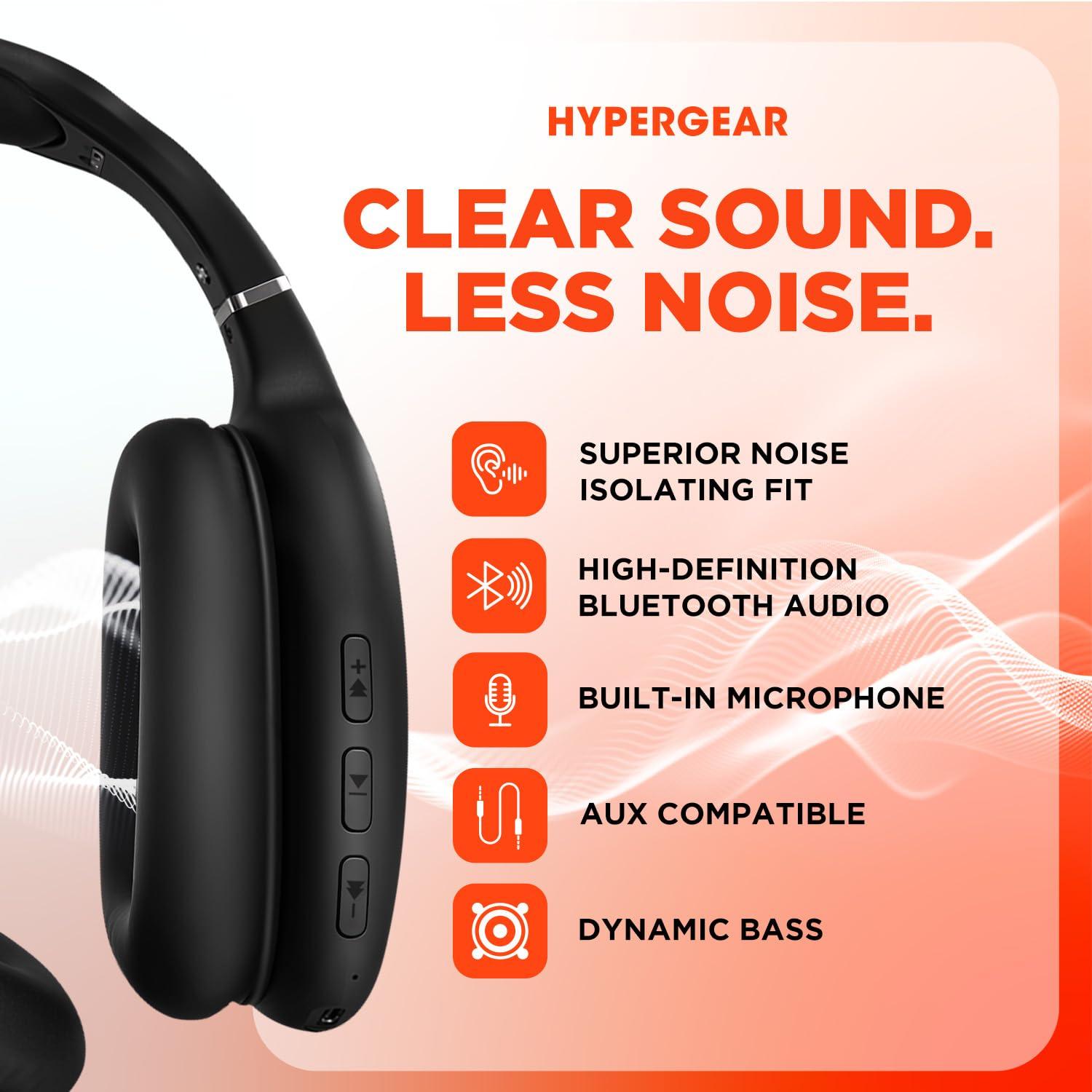 HyperGear HyperGear Vibe Bluetooth Wireless Headphones - Over-Ear Headphones Wireless for Music, Built-in Mic & Controls, Memory Foam Ear Cups for Travel, Home Office, Gym & More - Black