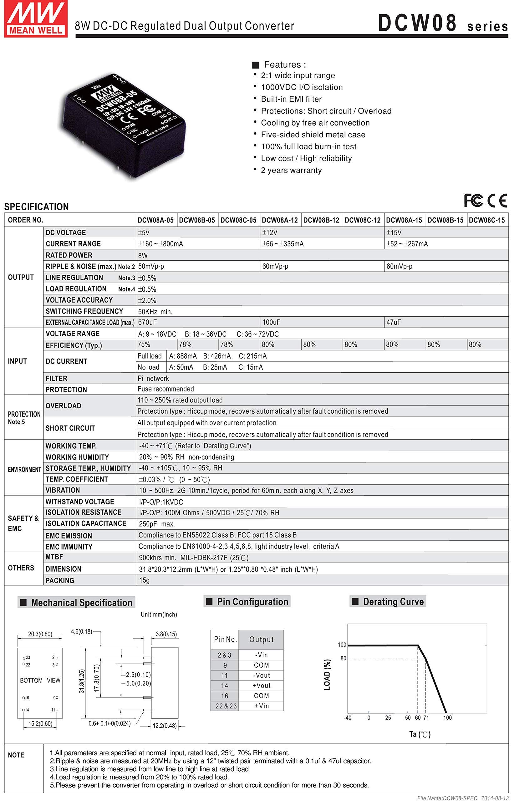 MEAN WELL MEAN WELL DCW08C-12 12V 134~670mA 8W DC-DC Regulated Single Output Converter DC/DC Converter
