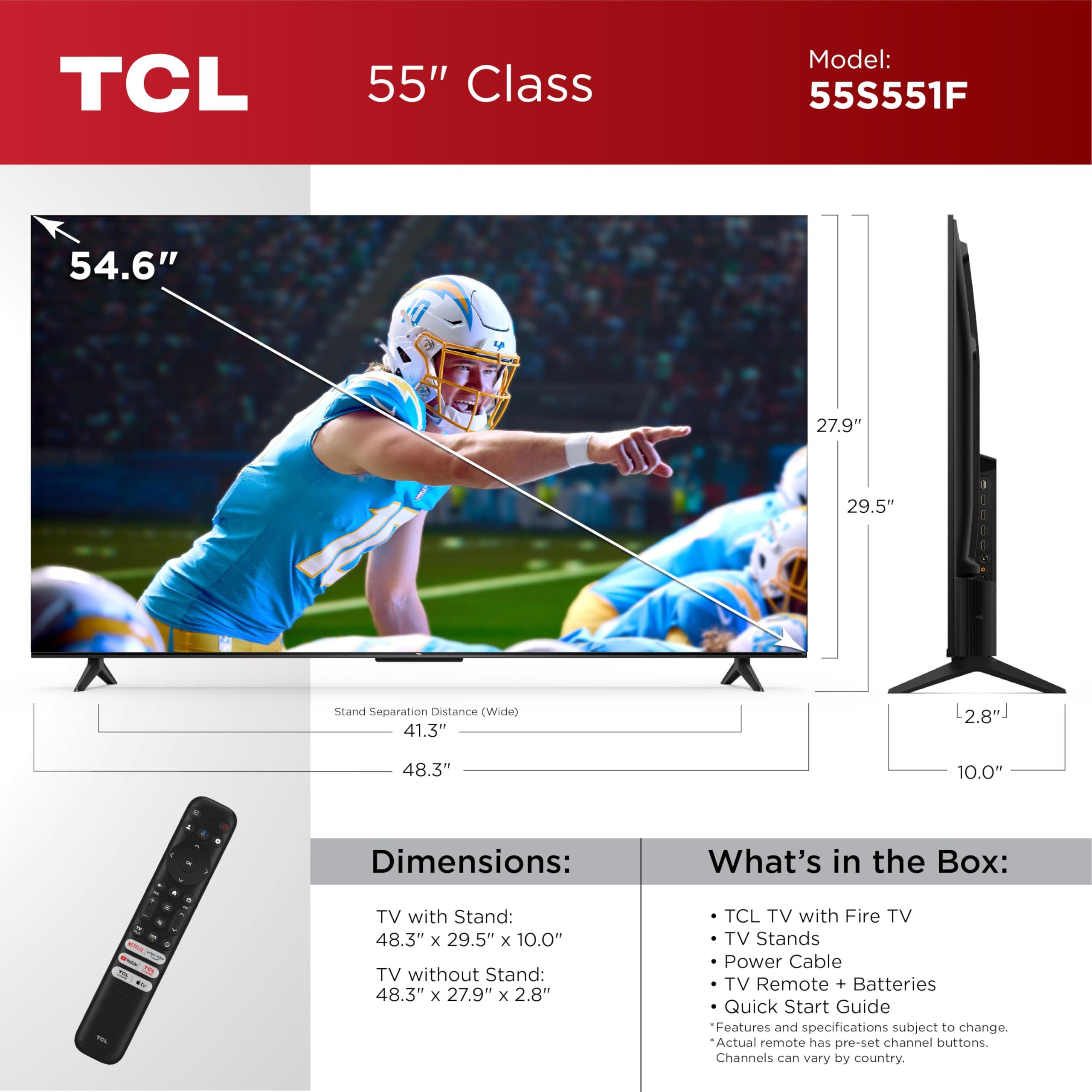 TCL TCL 55-Inch Class S5 UHD 4K LED Smart TV with Fire TV (55S551F, 2024 Model), Dolby Vision, HDR PRO+, Dolby Atmos, Alexa Built-in with Voice Remote, Apple AirPlay 2 Compatibility, Streaming Television